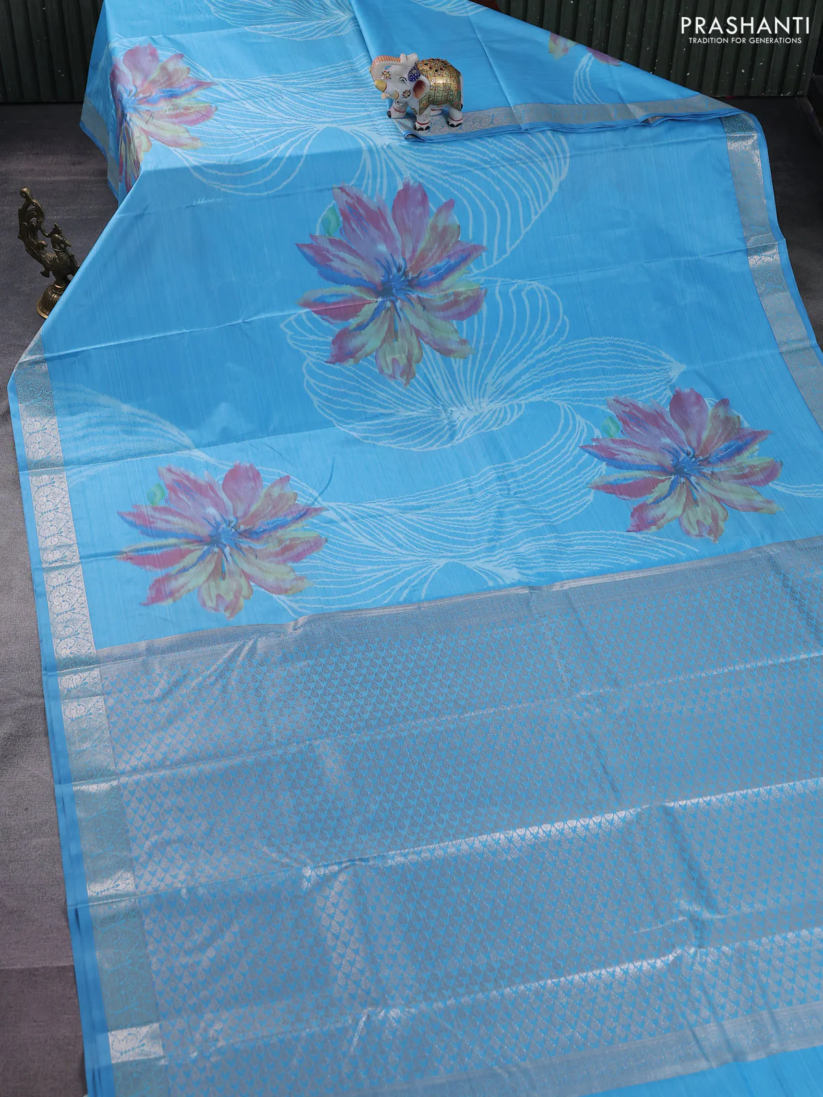 Bangalori semi silk saree light blue with allover ikat weaves and zari woven border - Image 2