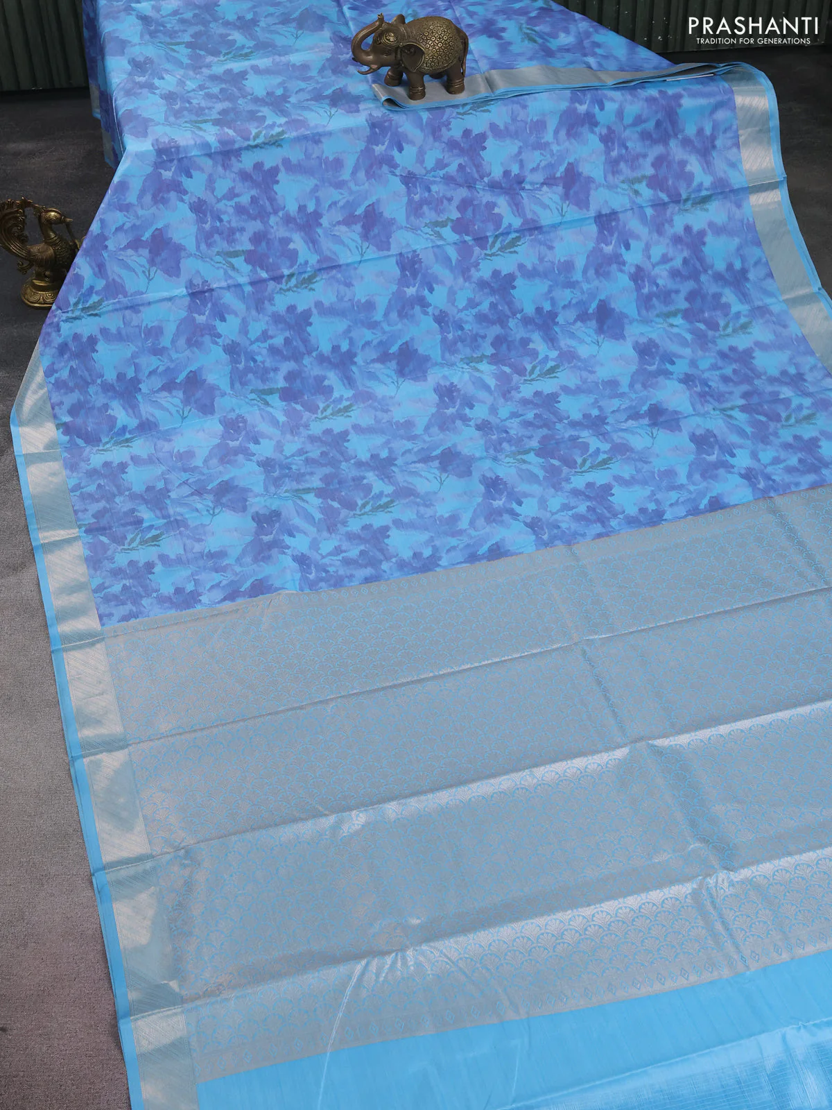 Bangalori semi silk saree light blue with floral design ikat weaves and zari woven border - Image 2