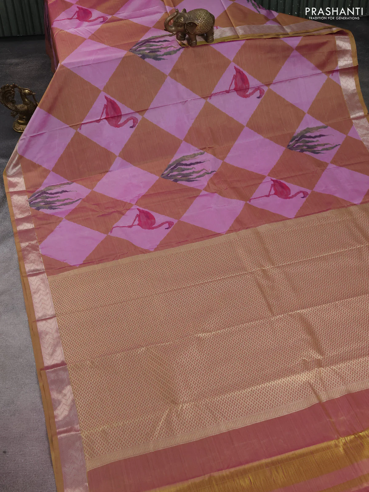 Bangalori semi silk saree mild purple and mehendi green with allover ikat weaves and zari woven border - Image 2