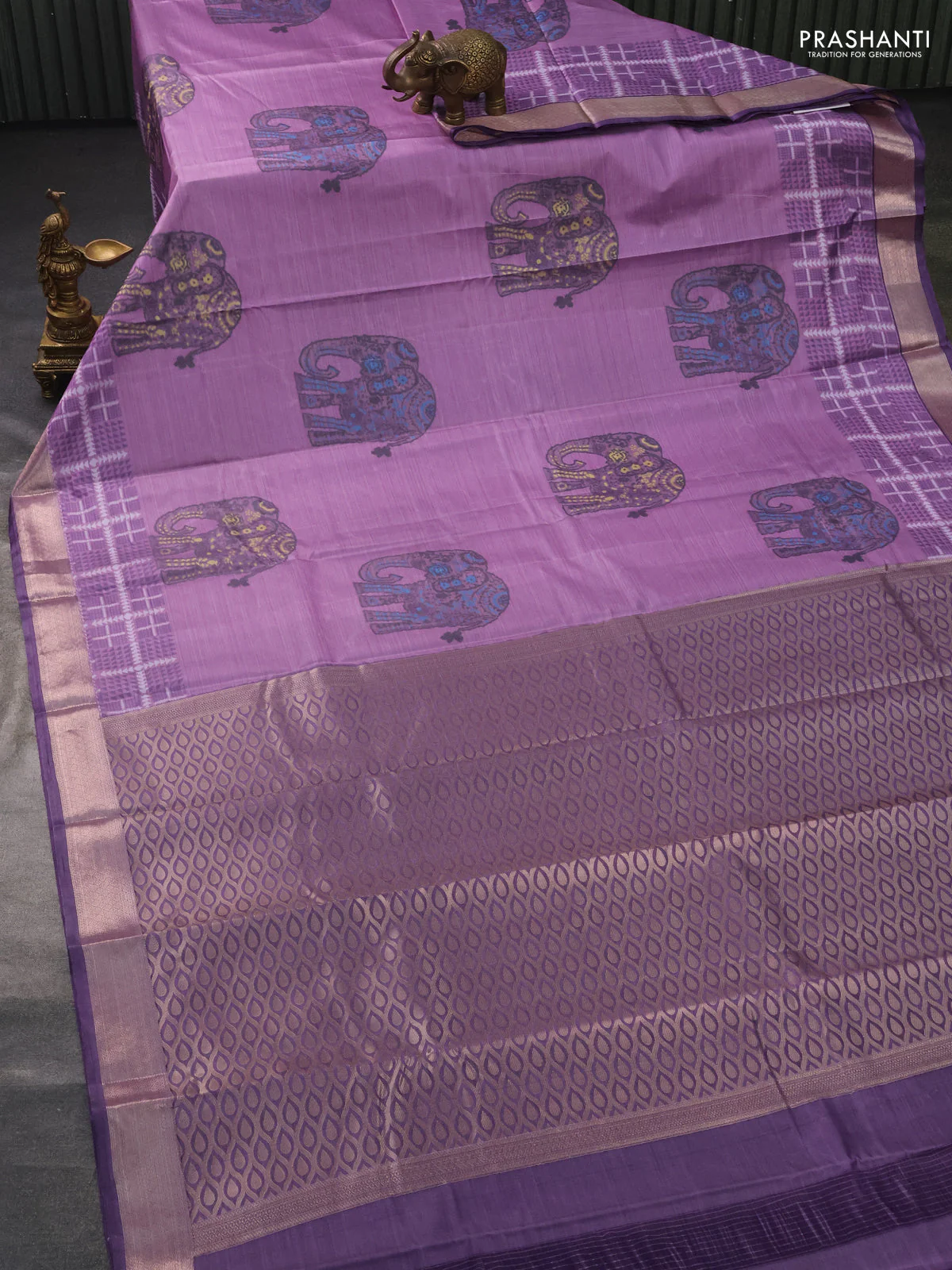Bangalori semi silk saree mild purple and purple with allover elephant ikat butta weaves and zari woven border - Image 2