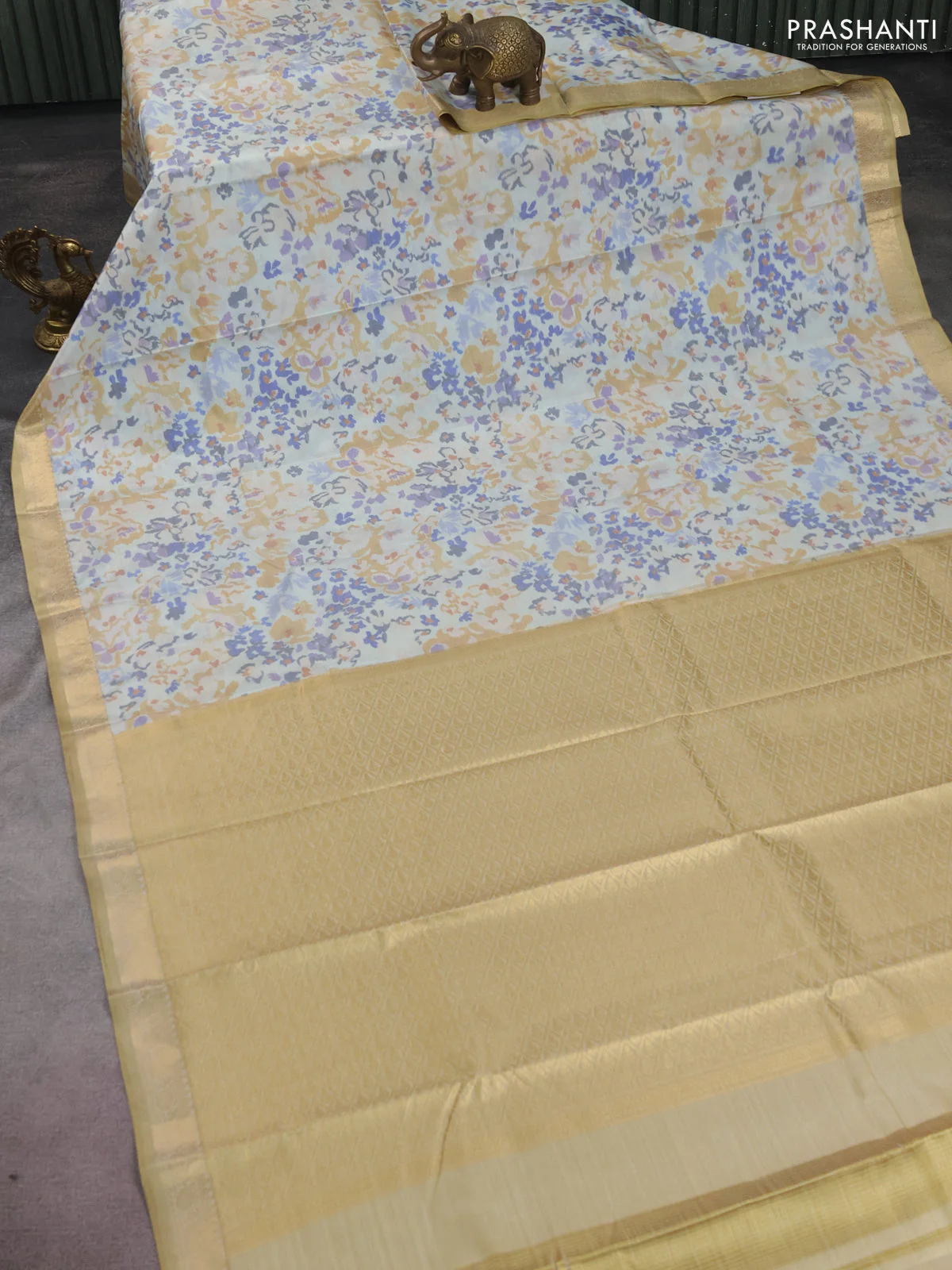 Bangalori semi silk saree off white and sandal with allover ikat weaves and zari woven border - Image 2