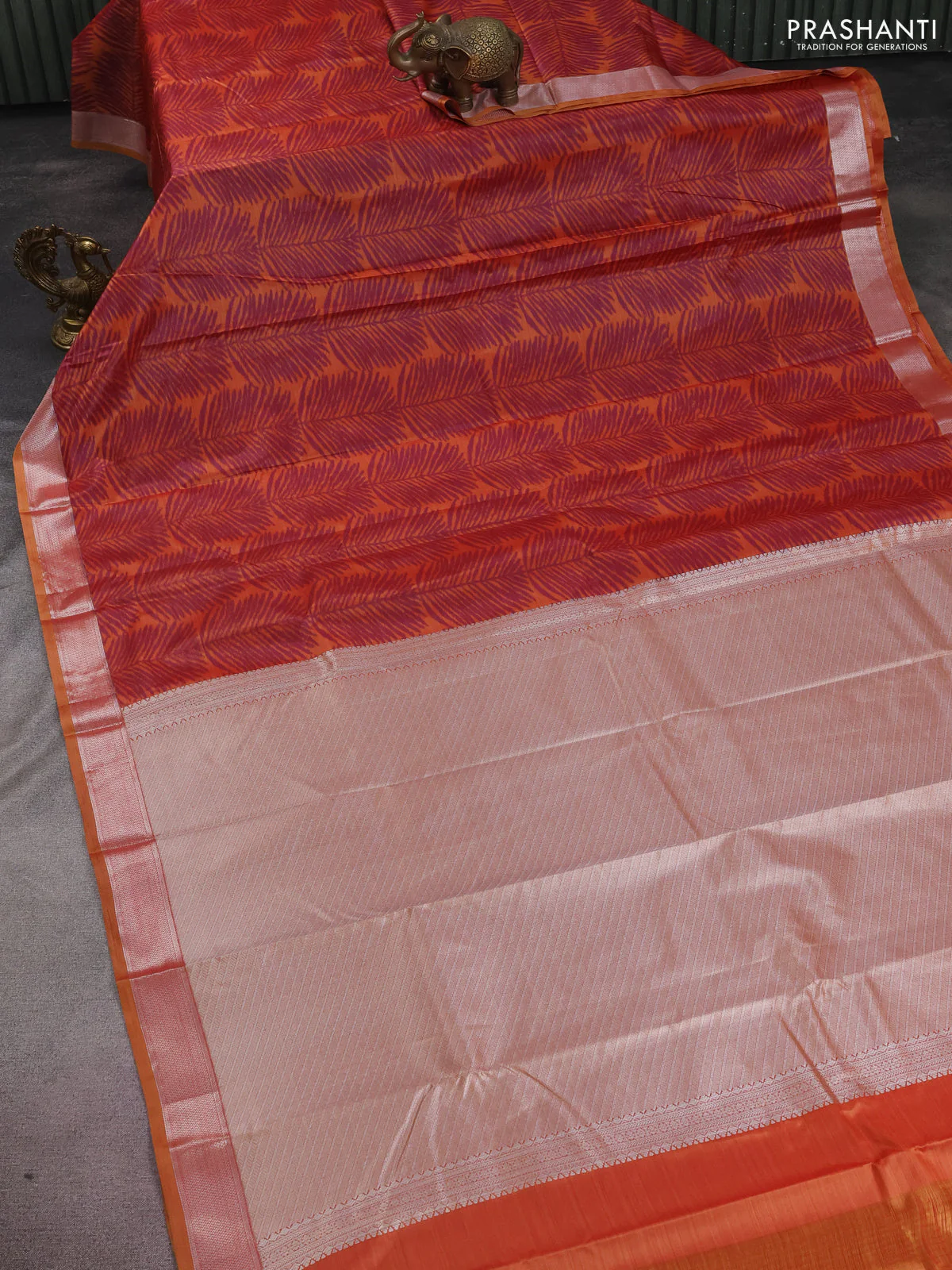 Bangalori semi silk saree orange with allover ikat weaves and zari woven border - Image 2