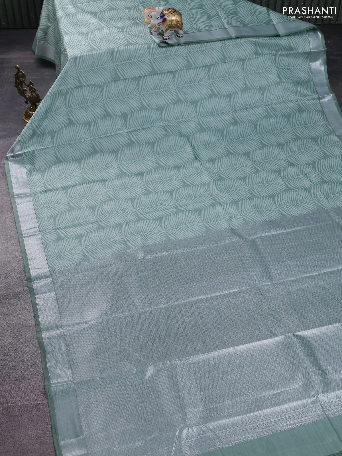 Bangalori semi silk saree pastel green with allover ikat weaves and zari woven border - Image 2