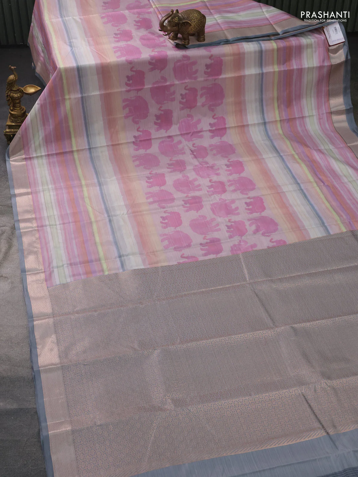 Bangalori semi silk saree pastel pink and grey with elephant butta ikat weaves and zari woven border - Image 2