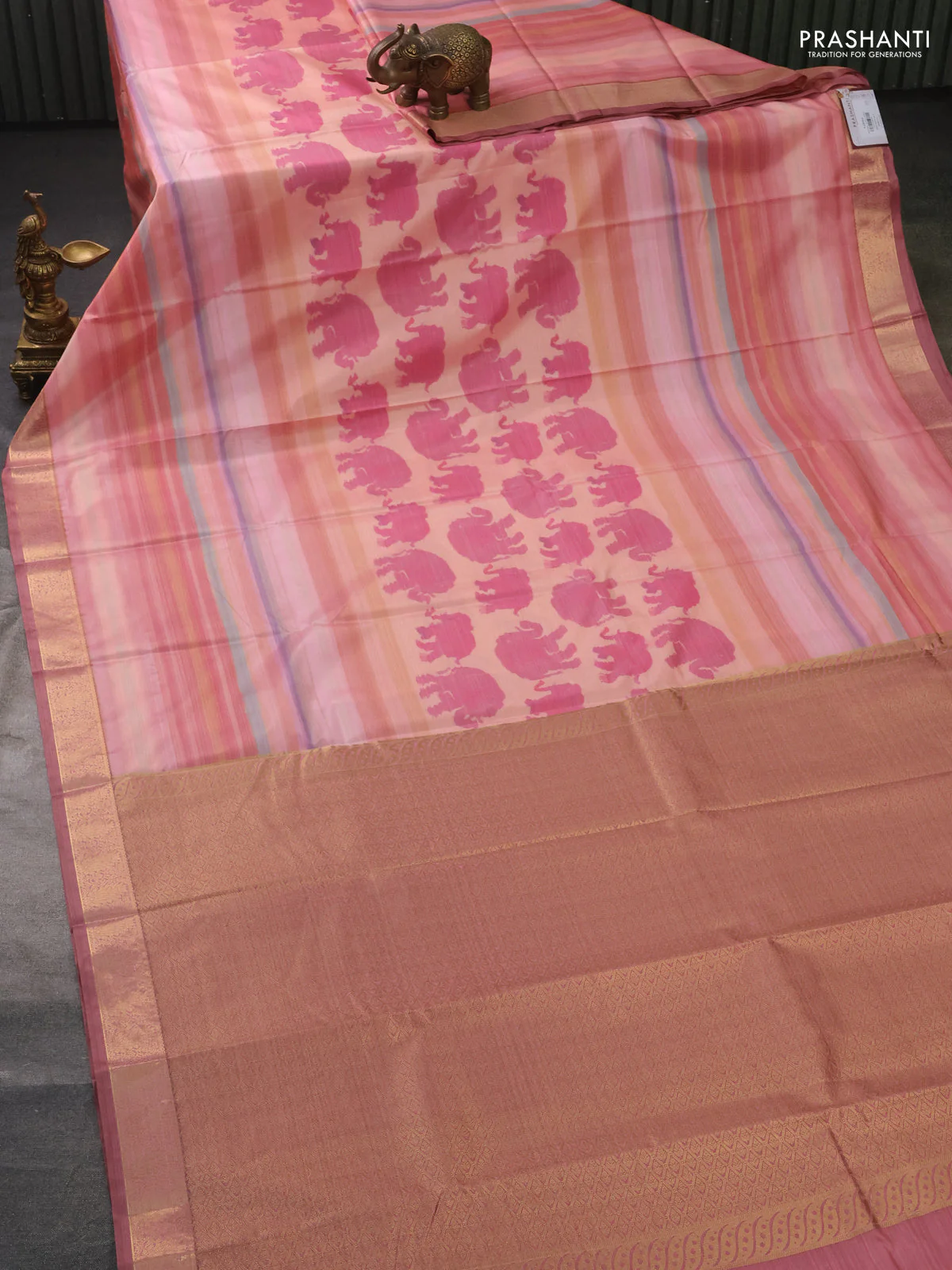 Bangalori semi silk saree peach orange with allover elephant butta ikat weaves and zari woven border - Image 2