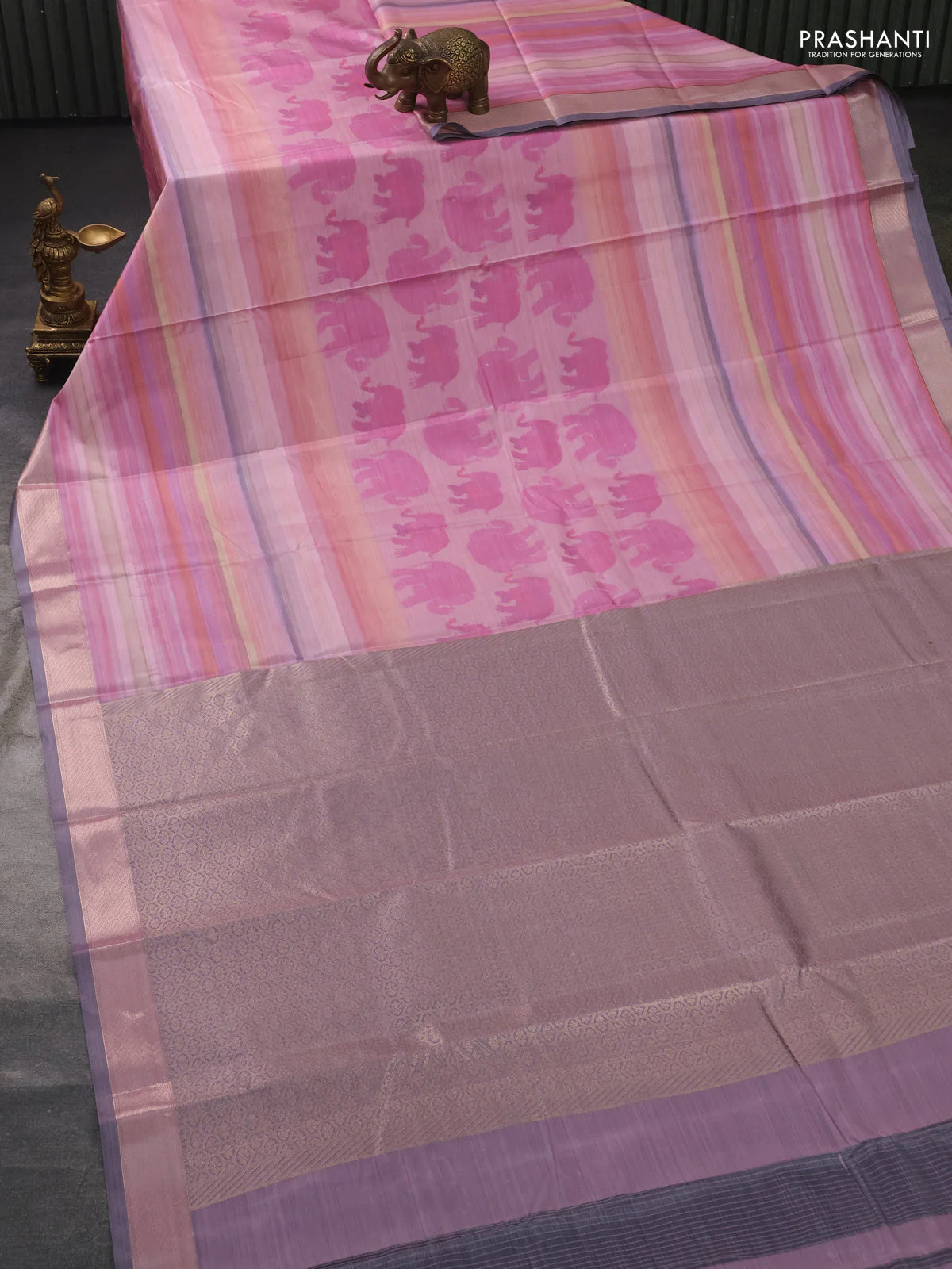 Bangalori semi silk saree peach pink and grey with elephant butta ikat weaves and zari woven border - Image 2