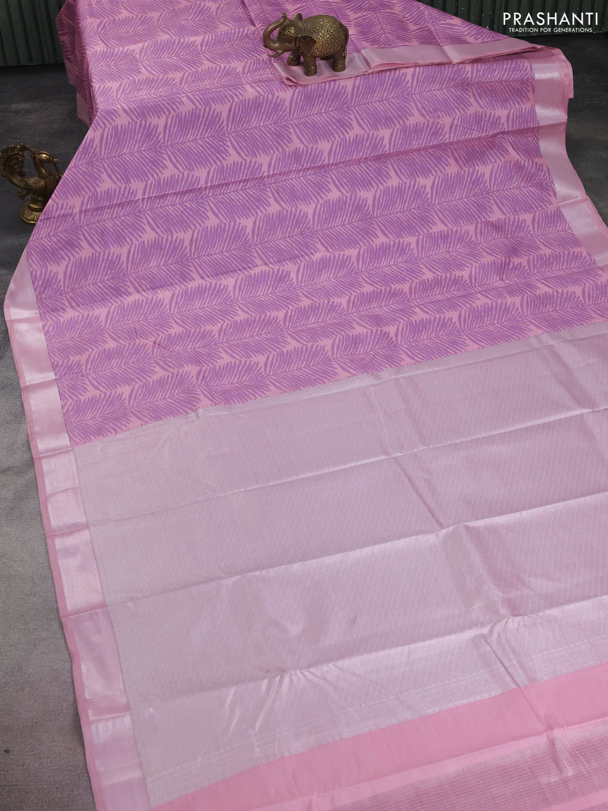 Bangalori semi silk saree peach shade with allover ikat weaves and zari woven border - Image 2