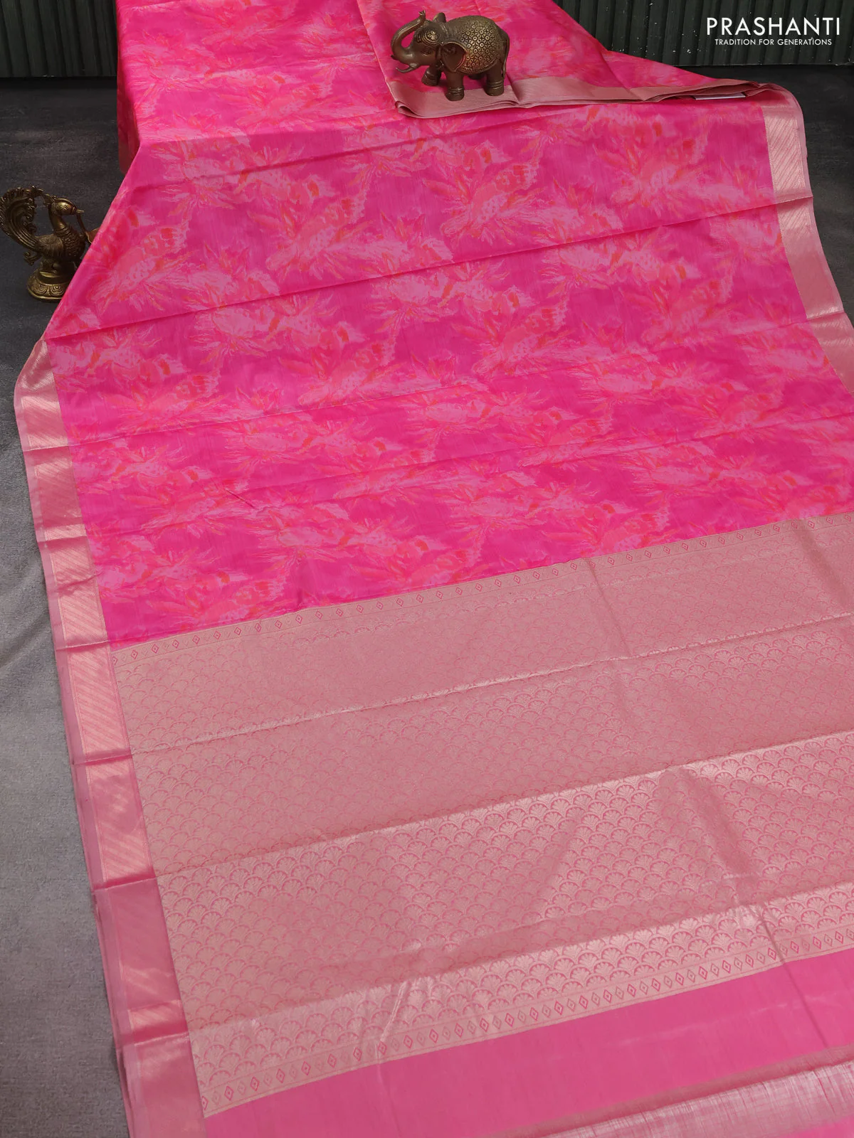 Bangalori semi silk saree pink with floral design ikat weaves and zari woven border - Image 2