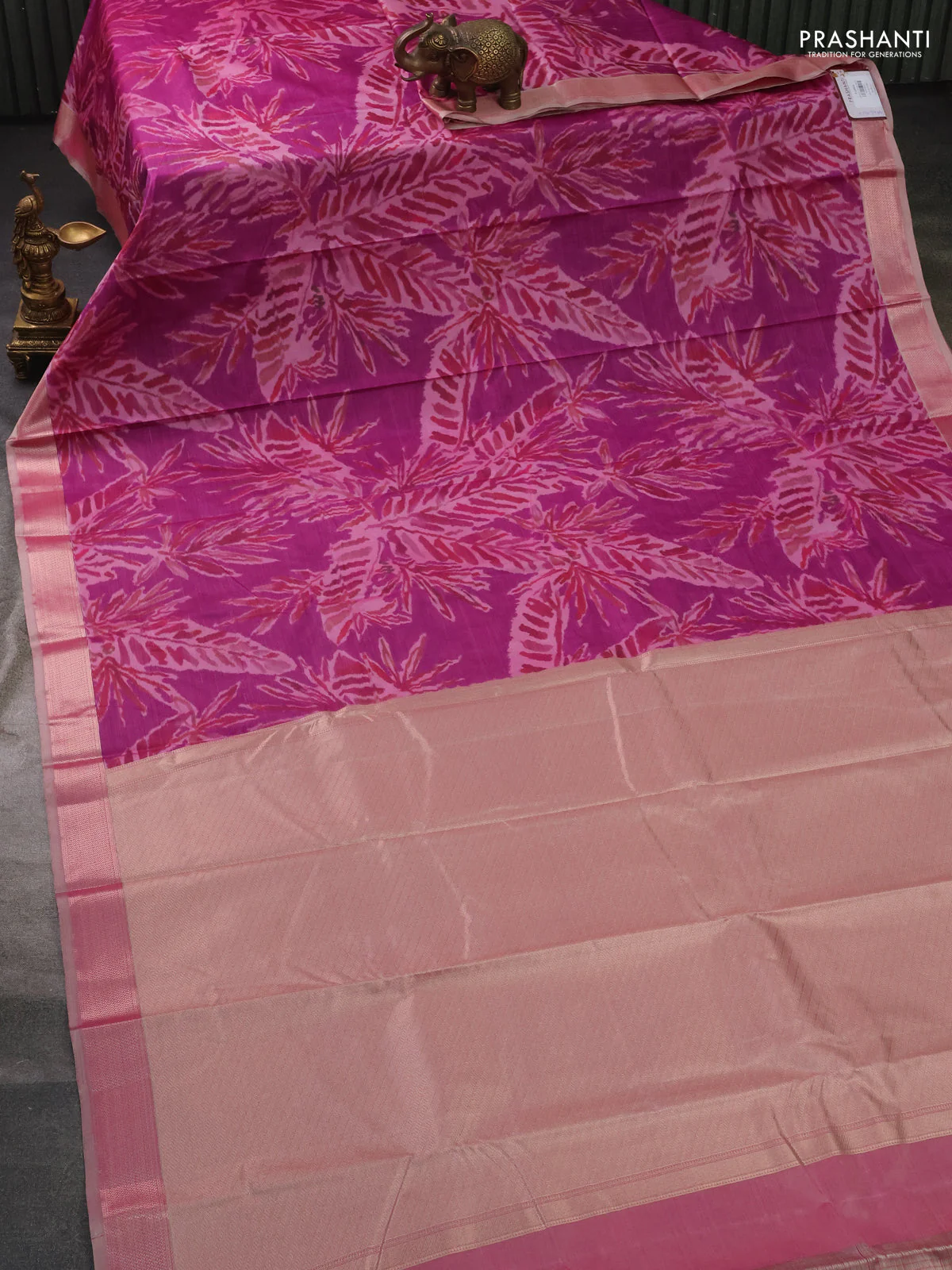 Bangalori semi silk saree purple and dual shade of beige with allover ikat weaves and zari woven border - Image 2