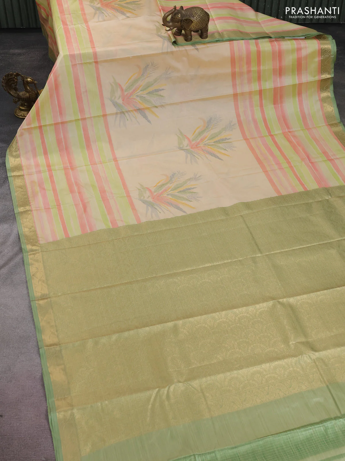 Bangalori semi silk saree sandal and green with allover ikat weaves and zari woven border - Image 2