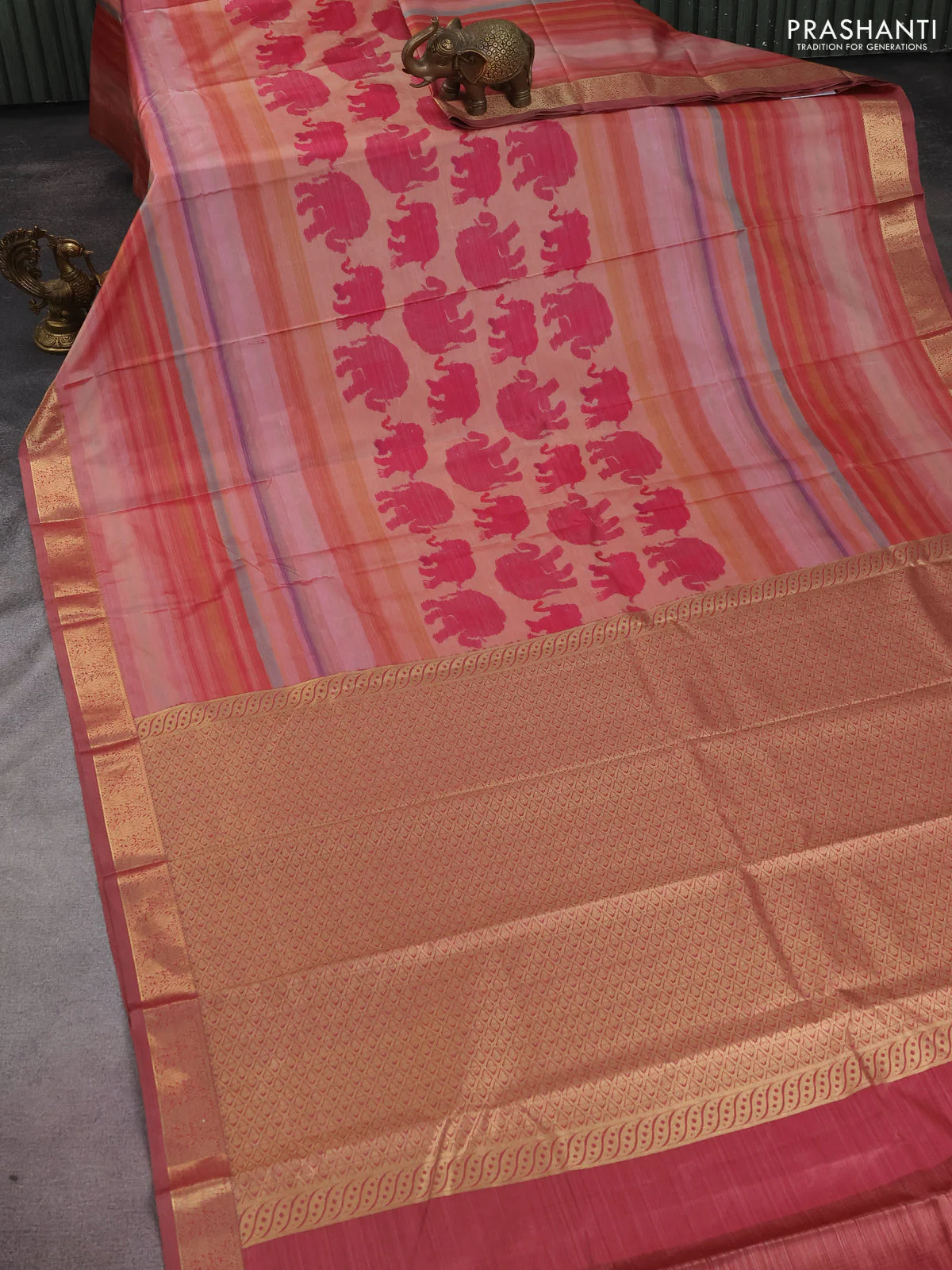 Bangalori semi silk saree sandal pink and maroon with allover elephant butta ikat weaves and zari woven border - Image 2