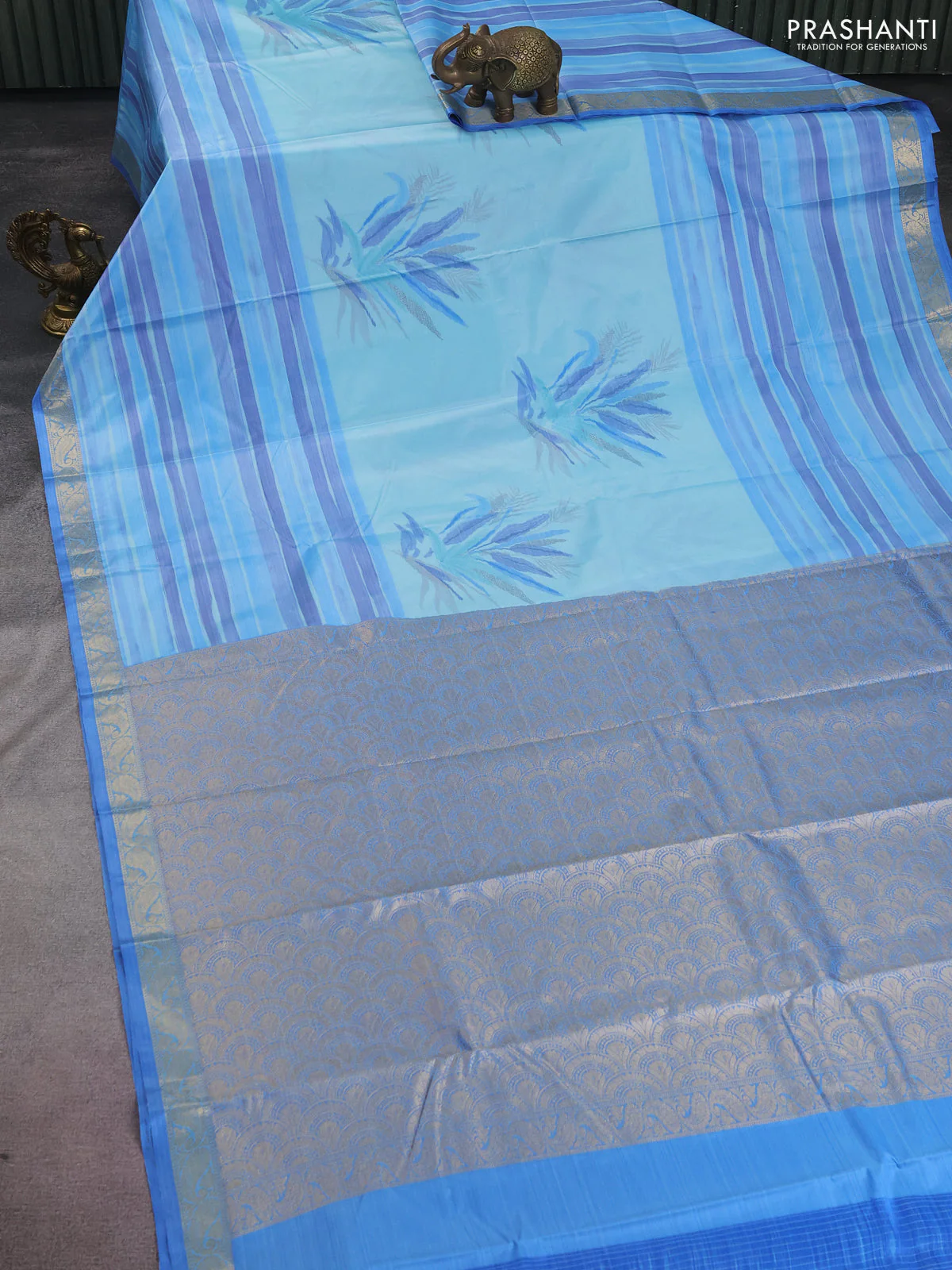 Bangalori semi silk saree teal blue and blue with allover ikat weaves and zari woven border - Image 2