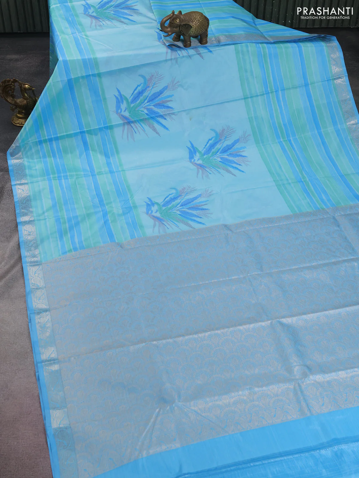Bangalori semi silk saree teal blue and light blue with allover ikat weaves and zari woven border - Image 2