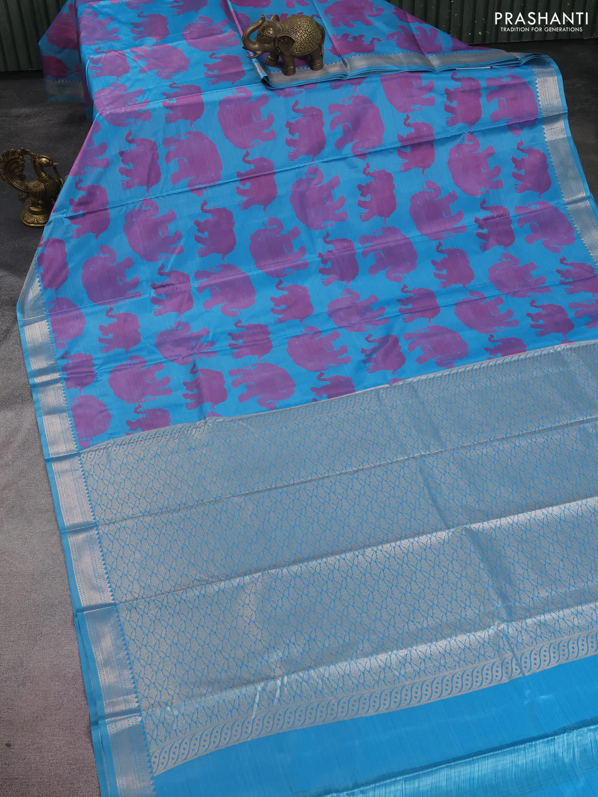 Bangalori semi silk saree teal blue and pink with allover elephant ikat butta weaves and zari woven border - Image 2