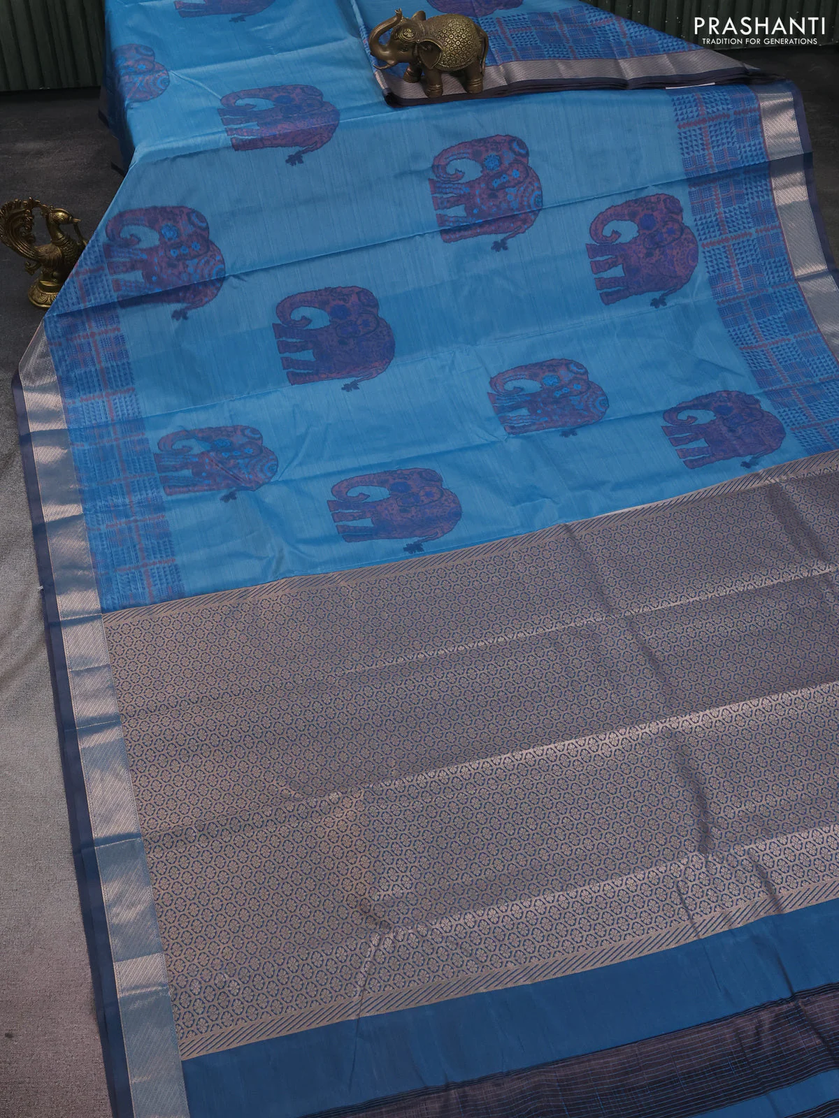 Bangalori semi silk saree teal blue with allover elephant ikat butta weaves and zari woven border - Image 2