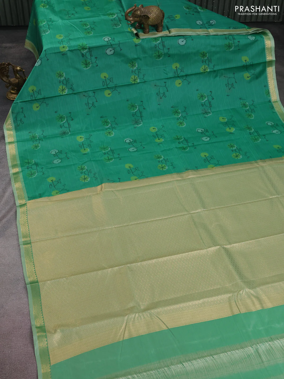 Bangalori semi silk saree teal green and light green shade with allover ikat butta weaves and zari woven border - Image 2