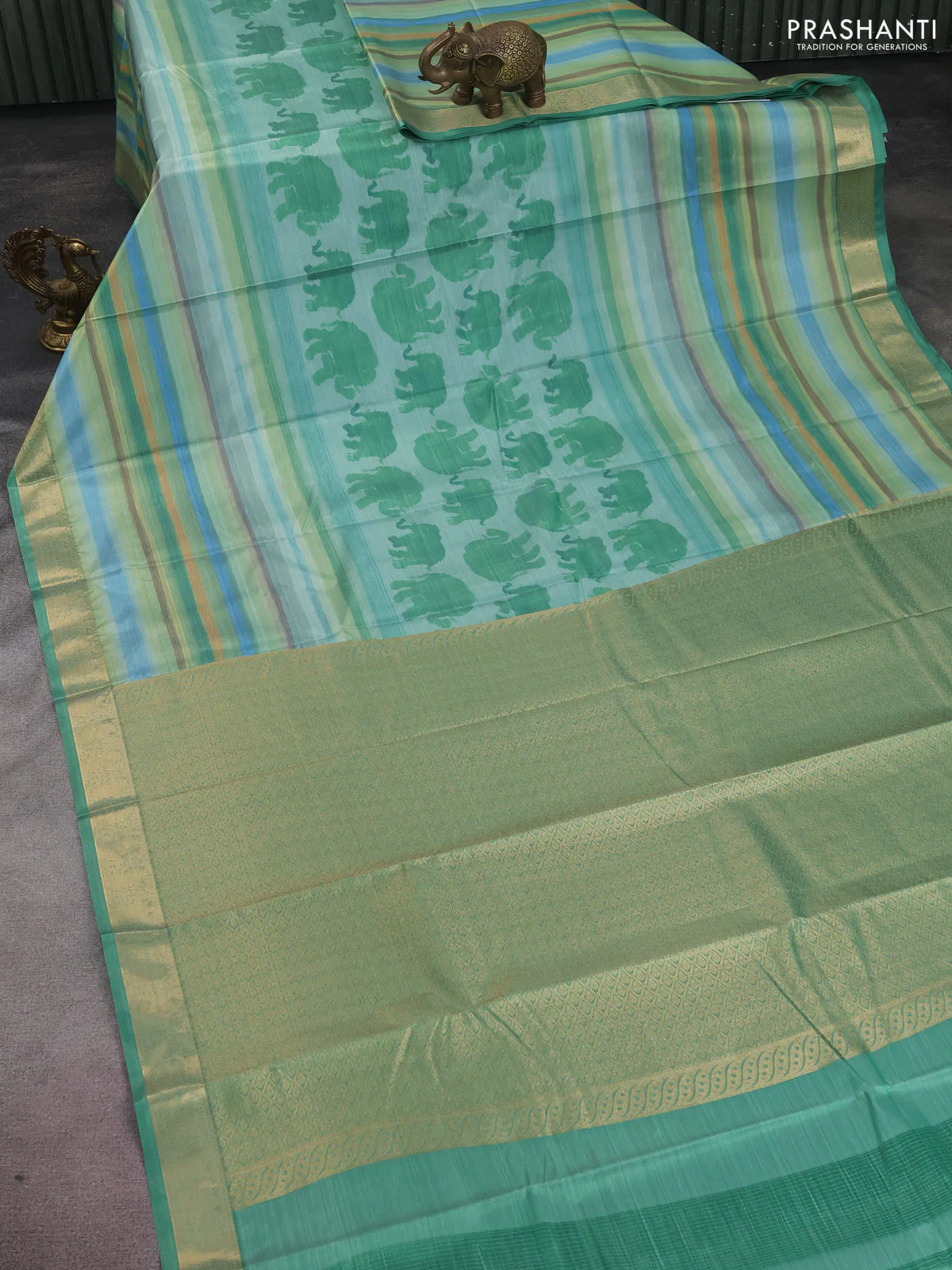 Bangalori semi silk saree teal green shade and green with allover elephant butta ikat weaves and zari woven border - Image 2