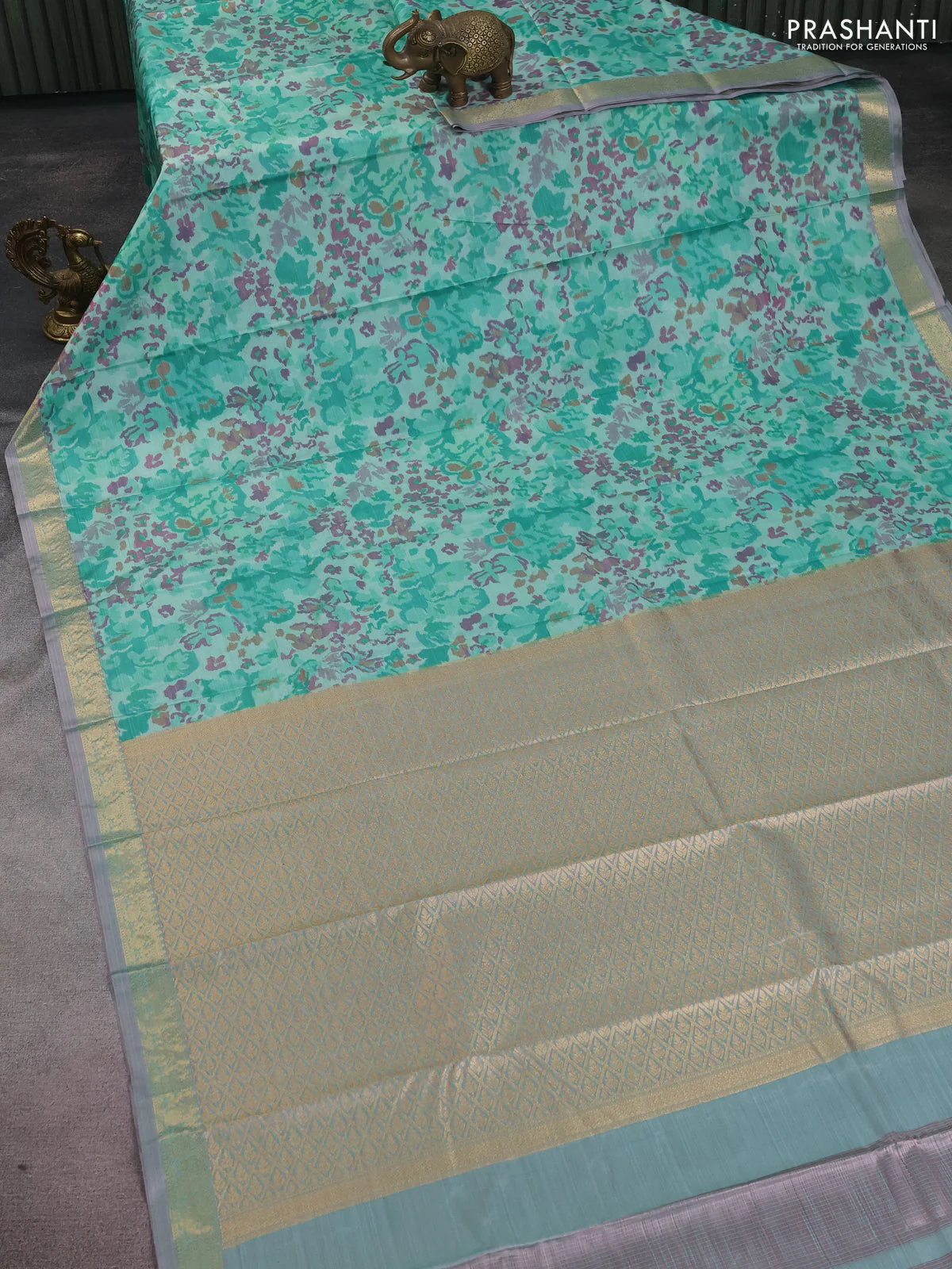 Bangalori semi silk saree teal green shade with allover ikat weaves and zari woven border - Image 2