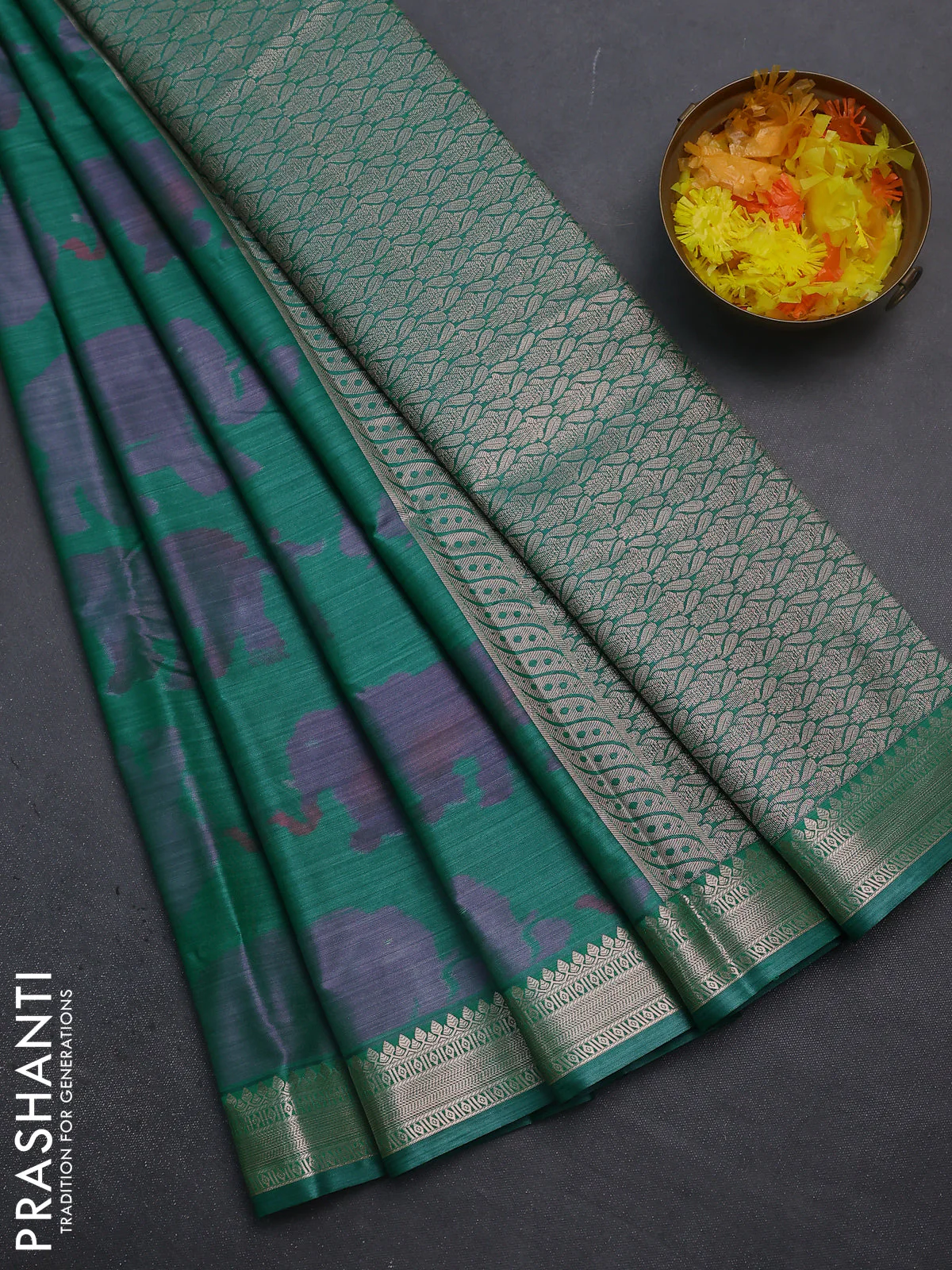 Bangalori semi silk saree teal green with allover elephant butta ikat weaves and zari woven border