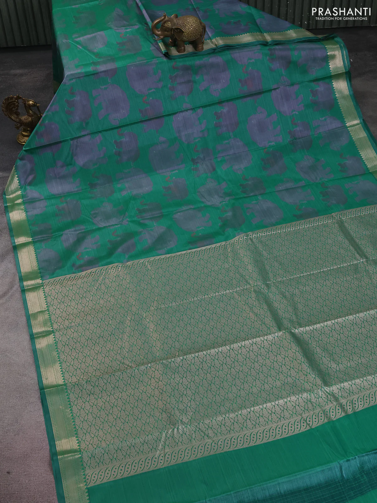 Bangalori semi silk saree teal green with allover elephant butta ikat weaves and zari woven border - Image 2
