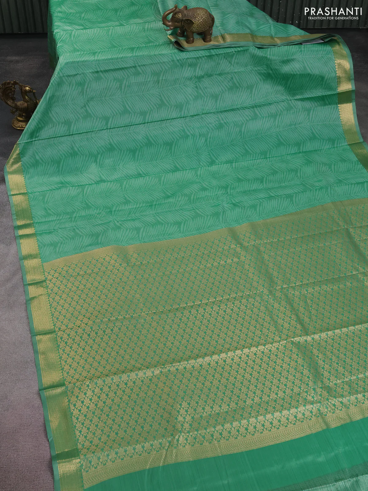 Bangalori semi silk saree teal green with allover ikat weaves and zari woven border - Image 2