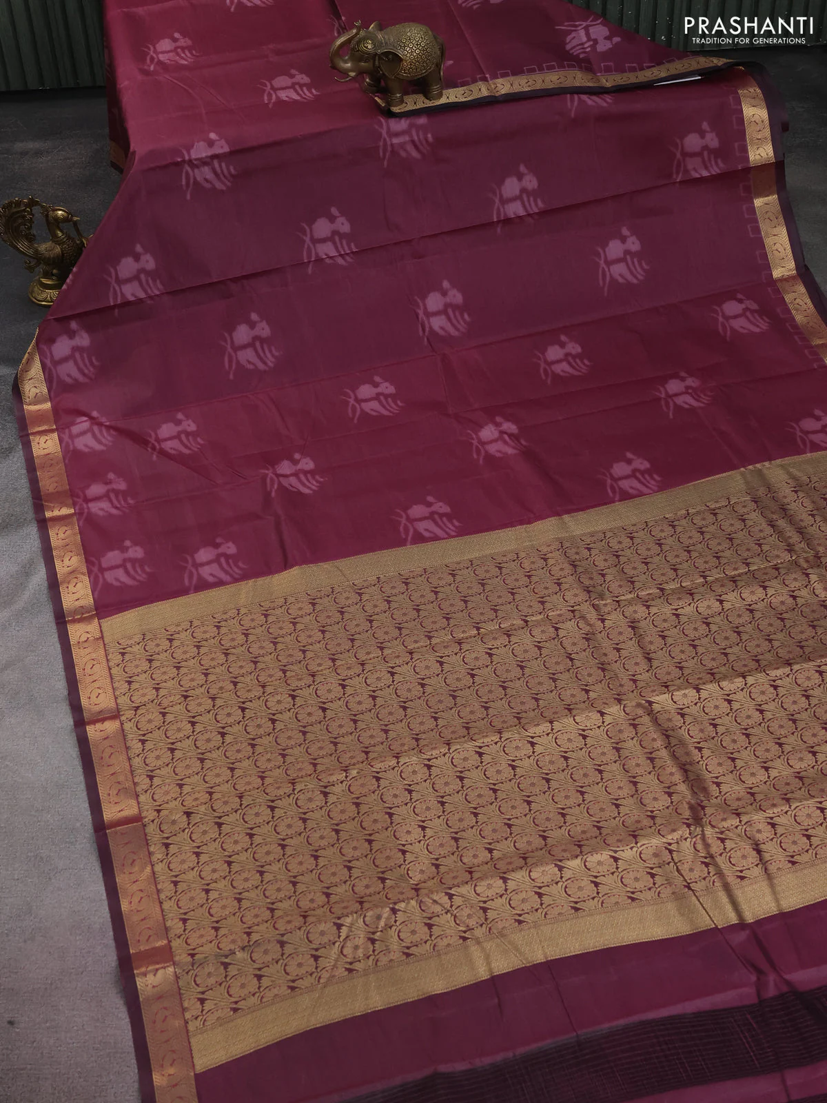 Bangalori semi silk saree wine shade with allover ikat butta weaves and zari woven border - Image 2