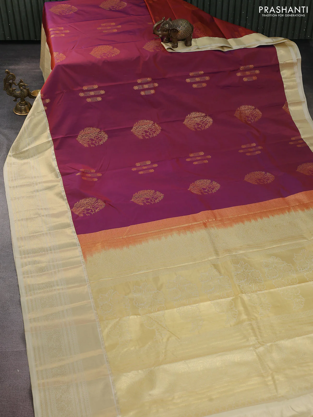 Bangalori silk saree dual shade of rust and cream with zari woven buttas and long zari woven border