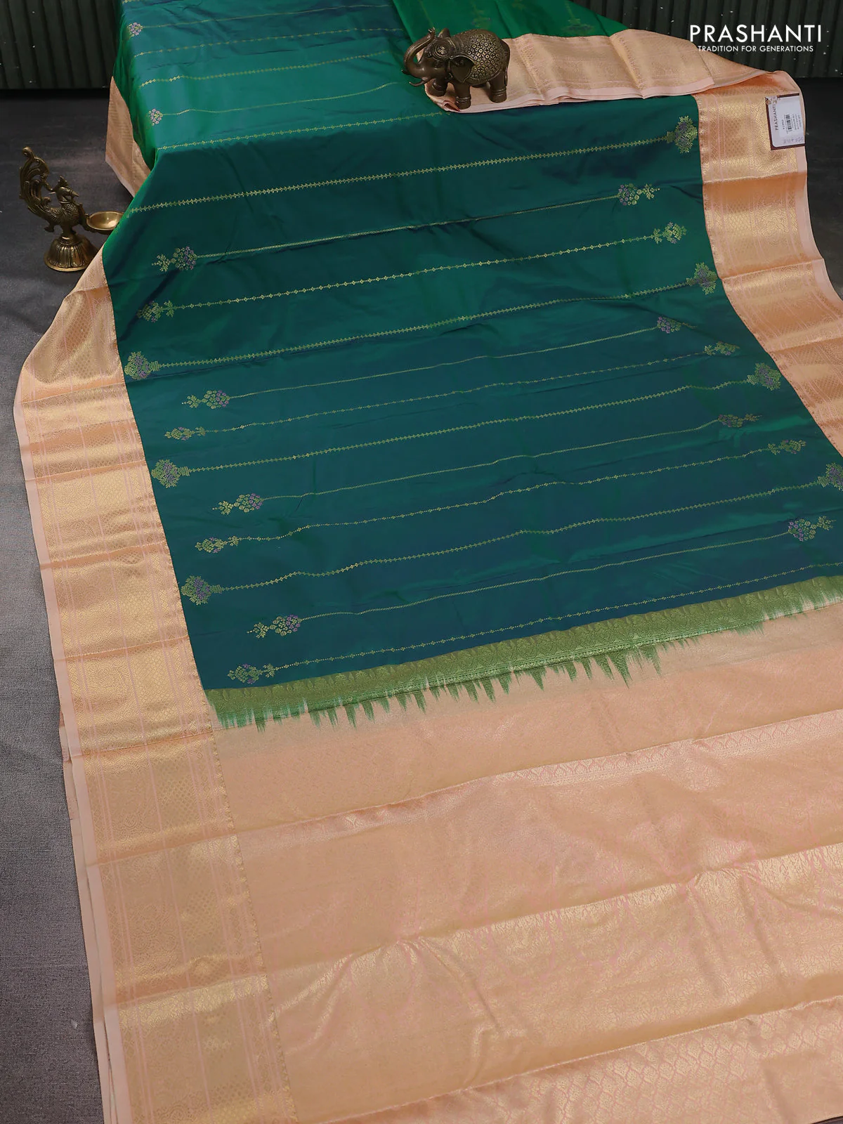 Bangalori silk saree green and pale orange with allover zari weaves and zari woven border