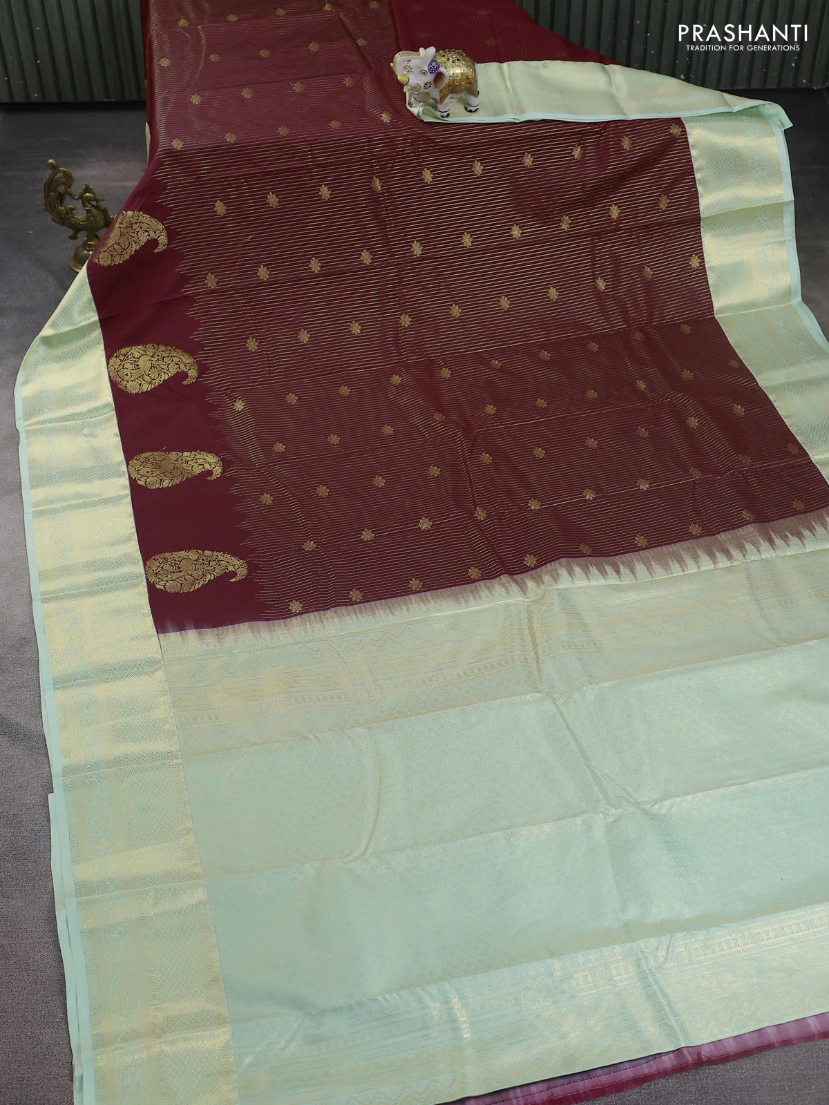 Bangalori silk saree maroon and pastel green with allover zari stripe pattern and zari woven border