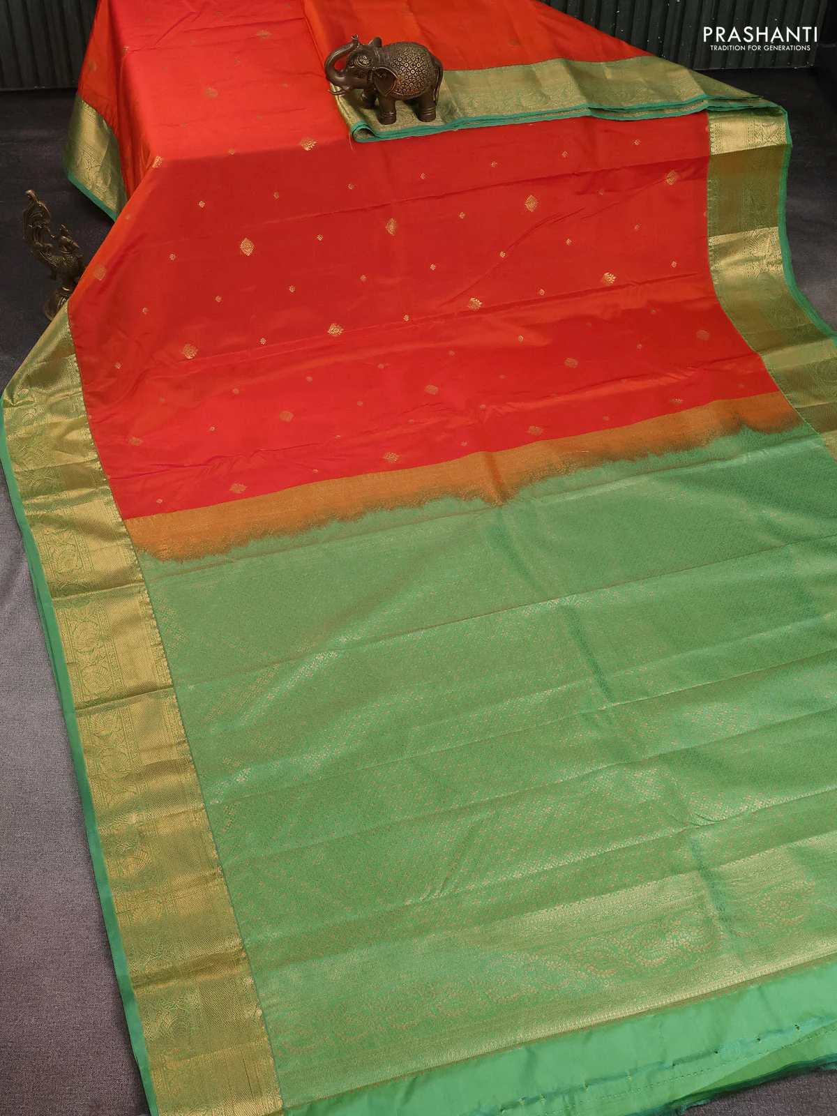 Bangalori silk saree orange and green shade with zari woven buttas and zari woven border and Butta style - Image 2