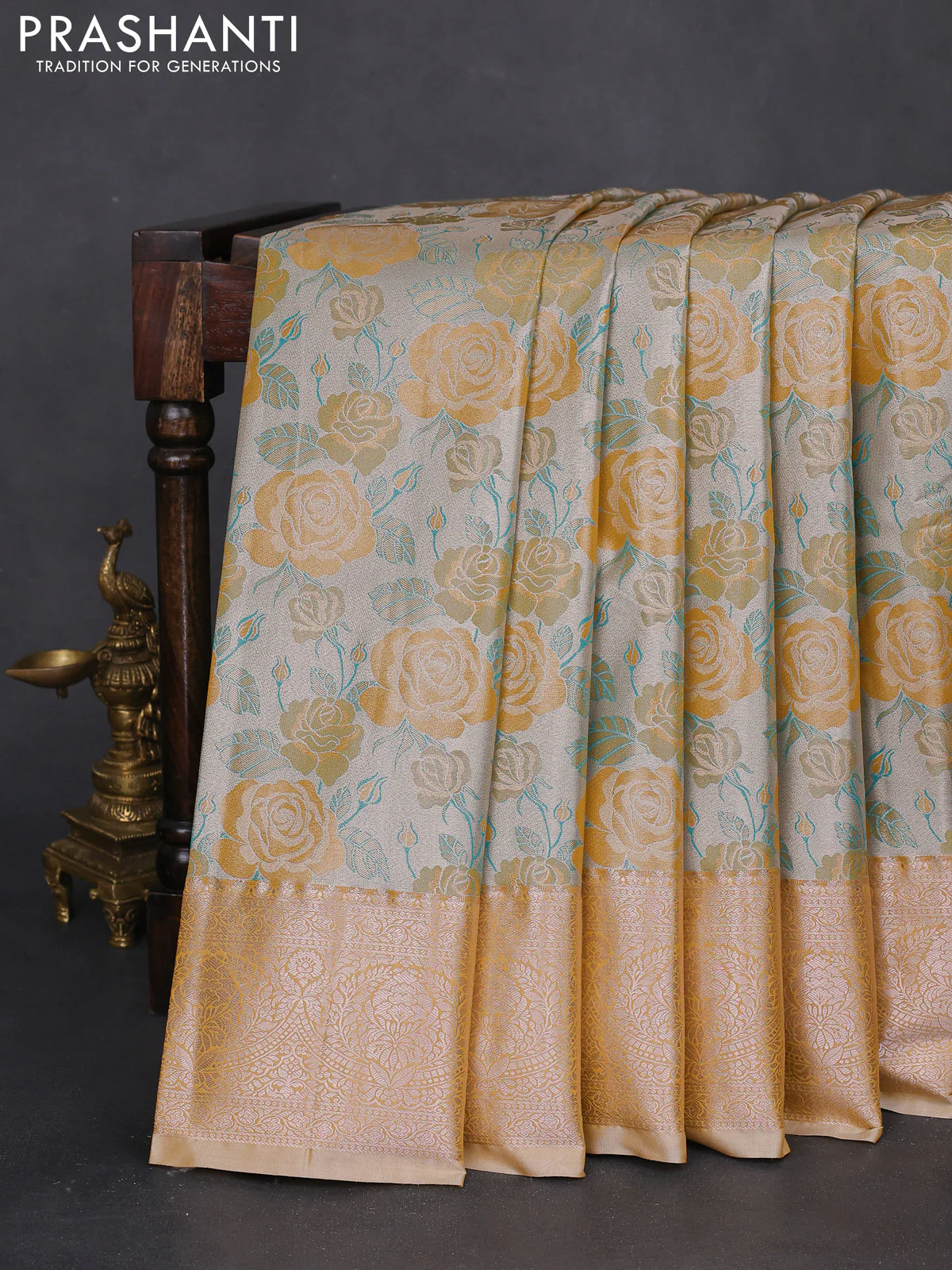 Bangalori tissue silk saree beige and mustard yellow with zari woven floral design brocade pattern and zari woven border