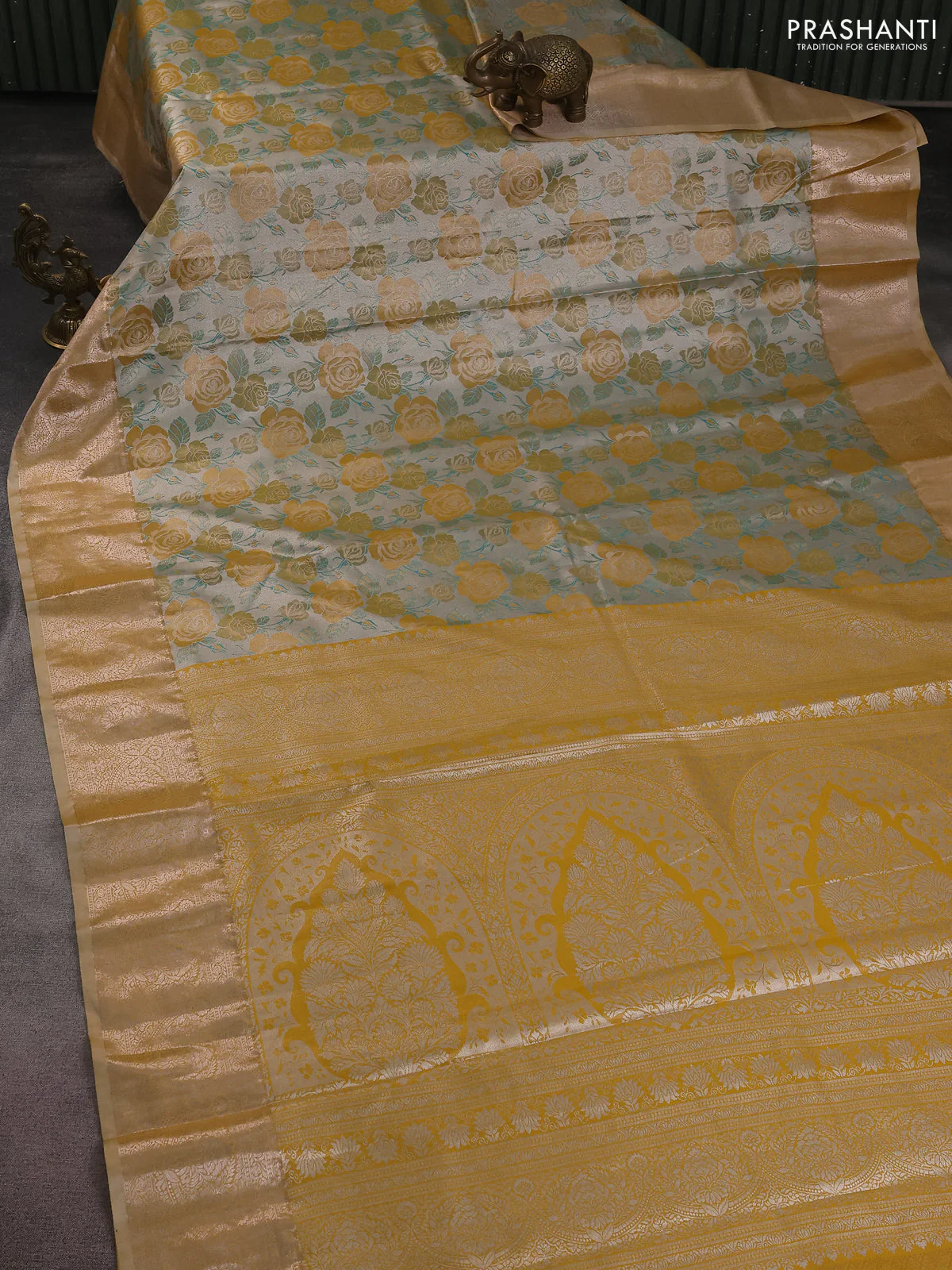 Bangalori tissue silk saree beige and mustard yellow with zari woven floral design brocade pattern and zari woven border - Image 2