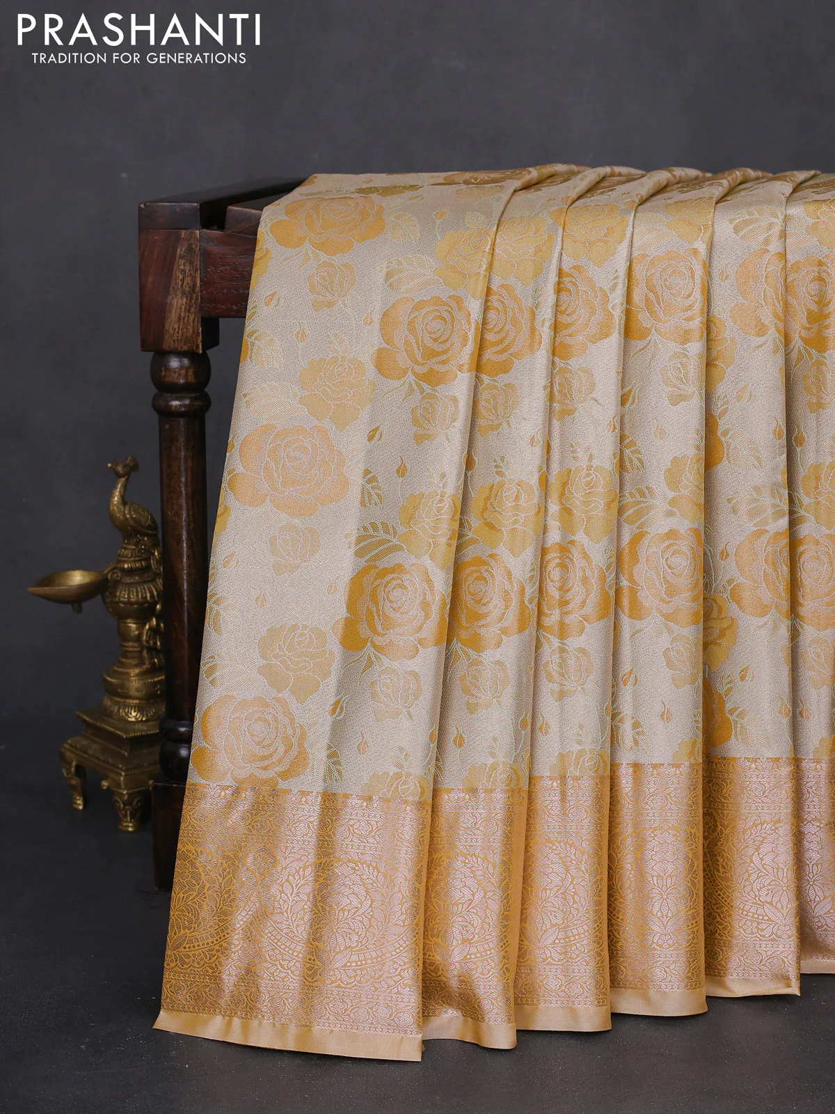 Bangalori tissue silk saree beige and mustard yellow with zari woven floral design brocade pattern and zari woven border