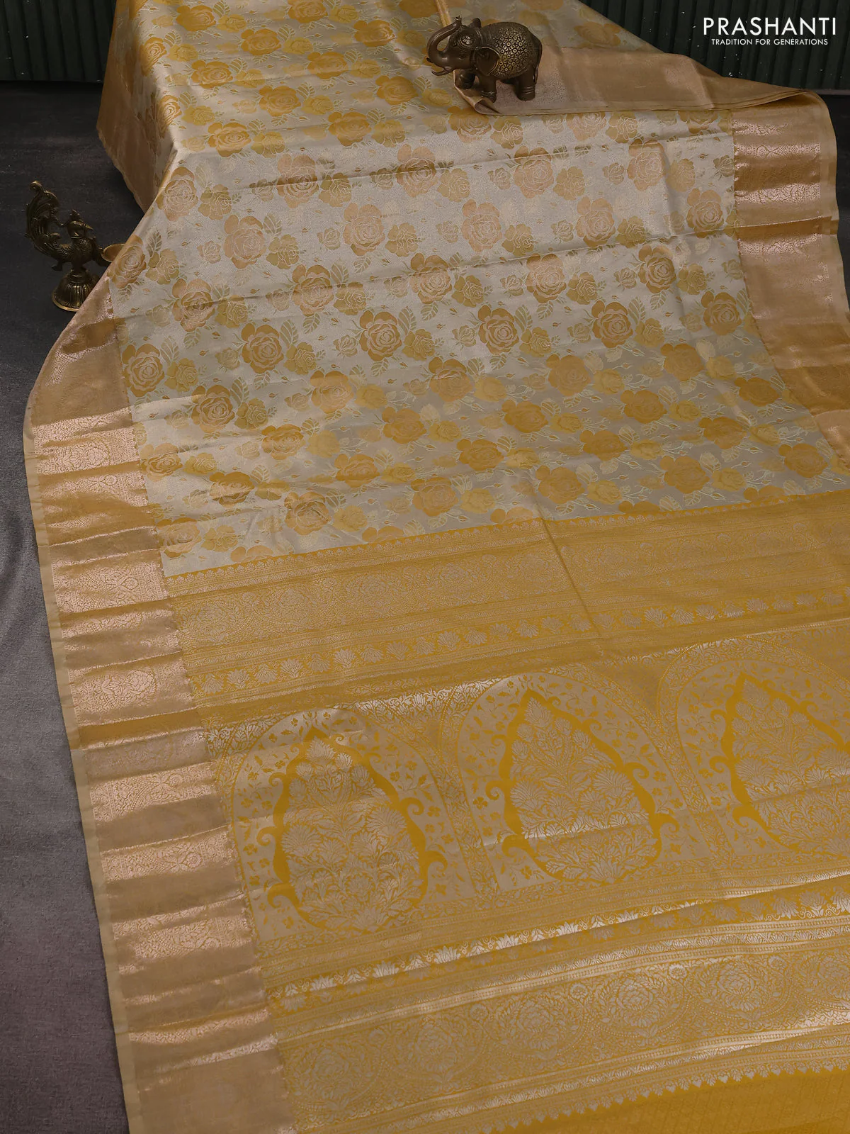 Bangalori tissue silk saree beige and mustard yellow with zari woven floral design brocade pattern and zari woven border - Image 2