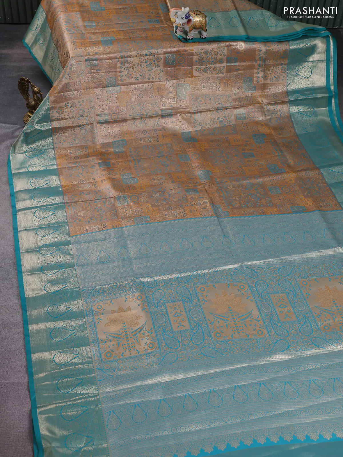 Bangalori tissue silk saree beige and teal blue with allover zari woven mina weaves and zari woven border - Image 2