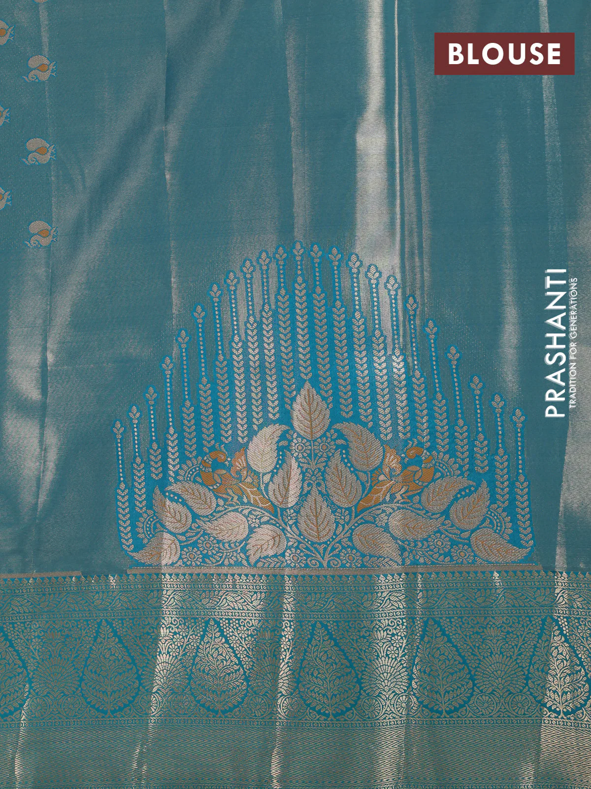 Bangalori tissue silk saree beige and teal blue with allover zari woven mina weaves and zari woven border - Image 3