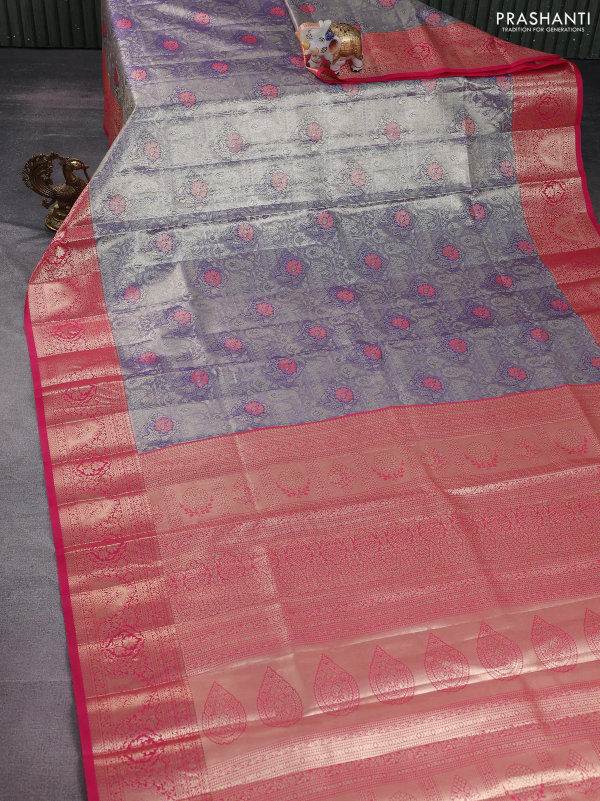 Bangalori tissue silk saree dual shade of blue and pink with allover zari woven mina weaves and zari woven border - Image 2