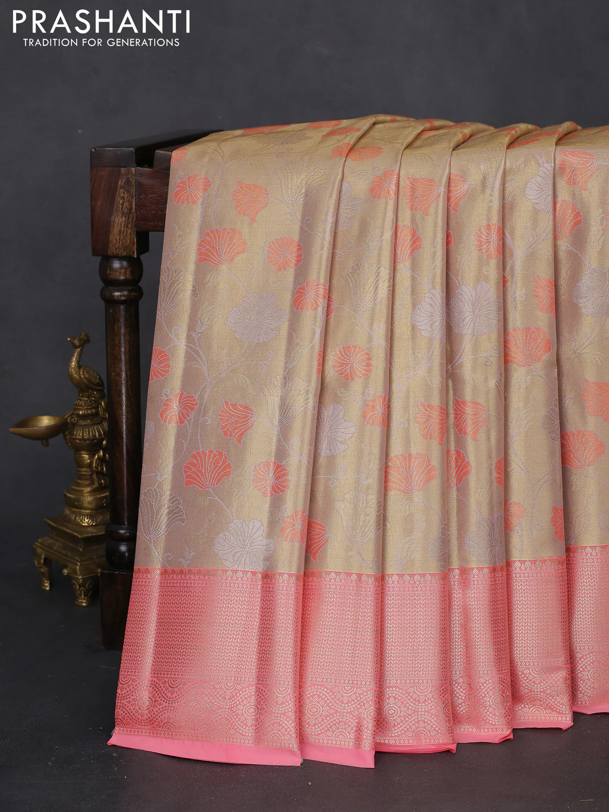 Bangalori tissue silk saree gold and peach pink with zari woven floral design brocade pattern and zari woven border