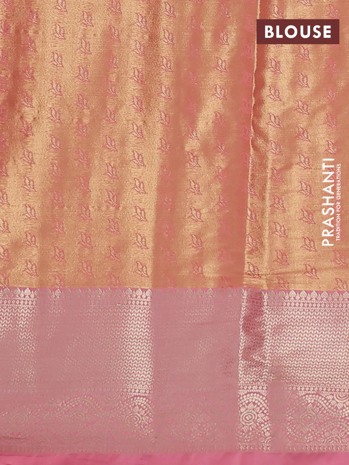 Bangalori tissue silk saree gold and peach pink with zari woven floral design brocade pattern and zari woven border - Image 3