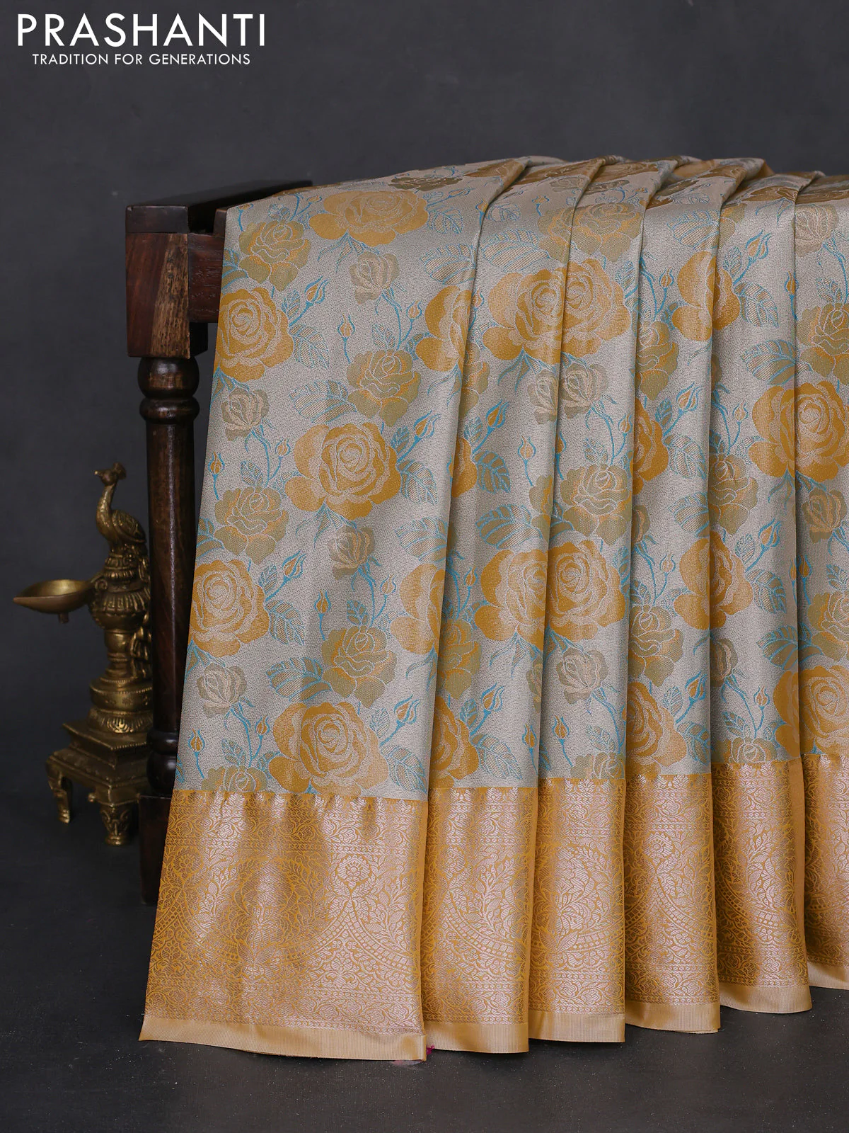 Bangalori tissue silk saree grey and mustard yellow with zari woven floral design brocade pattern and zari woven border