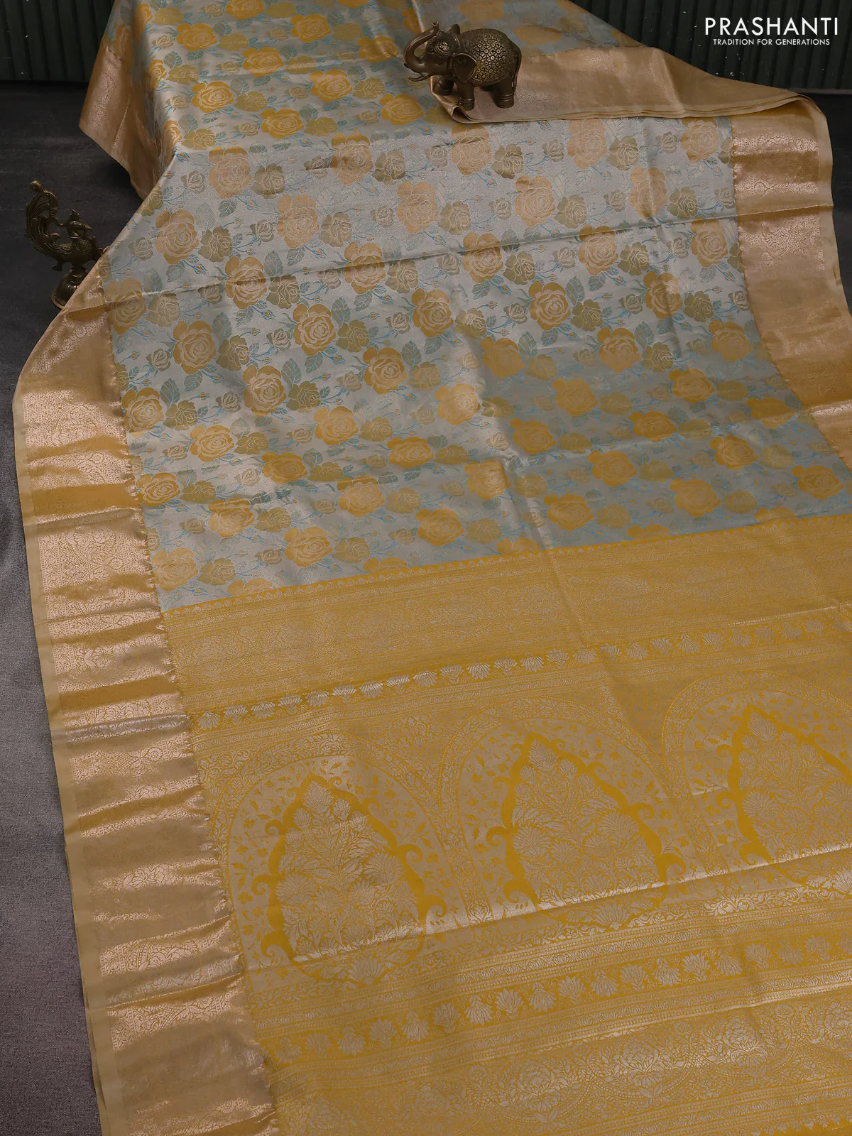 Bangalori tissue silk saree grey and mustard yellow with zari woven floral design brocade pattern and zari woven border - Image 2
