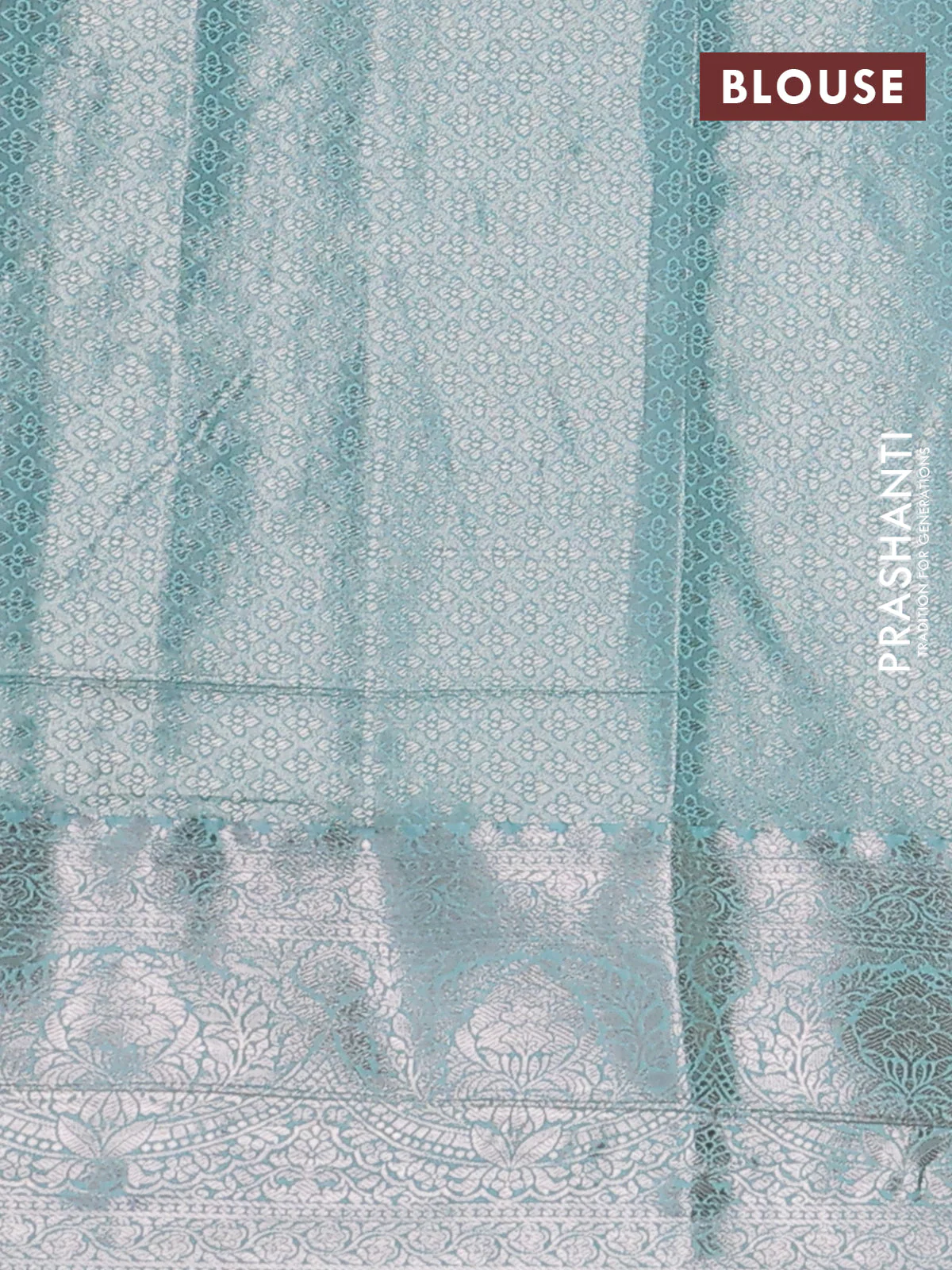 Bangalori tissue silk saree grey and teal blue with zari woven floral design brocade pattern and zari woven border - Image 3