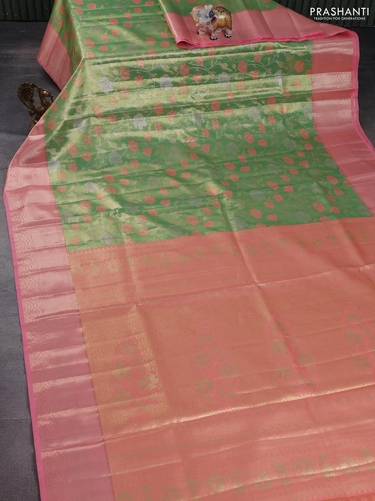 Bangalori tissue silk saree light green and peach pink with zari woven floral design brocade pattern and zari woven border - Image 2