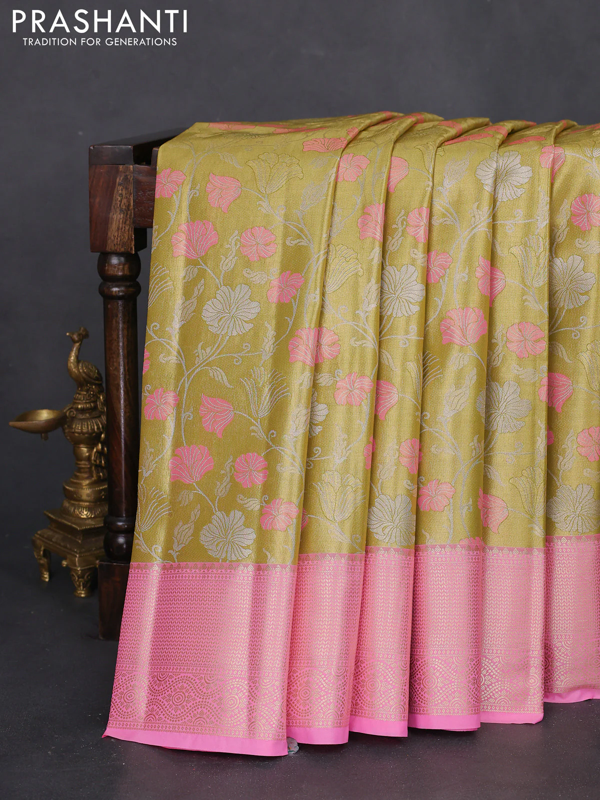 Bangalori tissue silk saree lime green and light pink with zari woven floral design brocade pattern and zari woven border