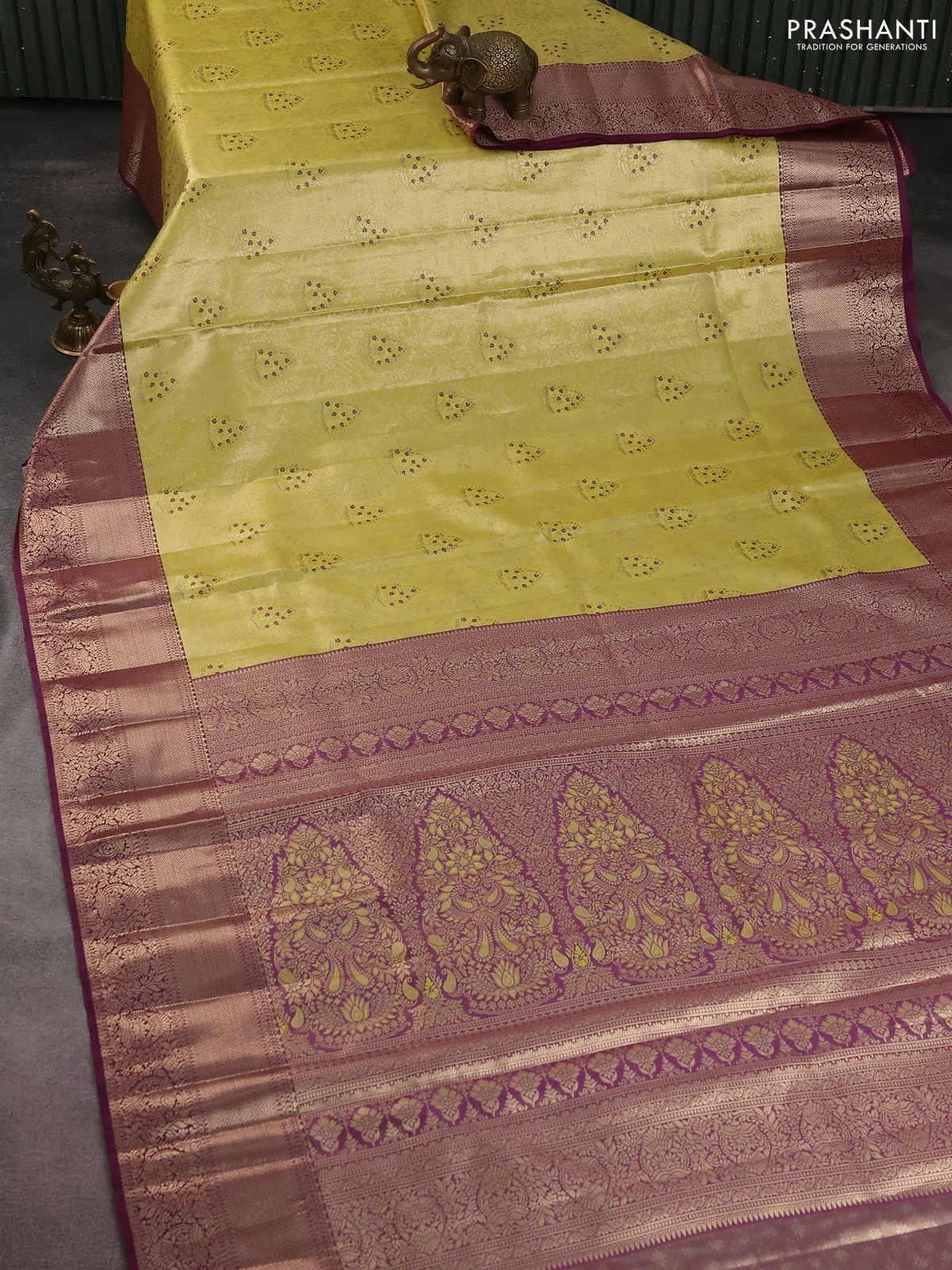 Bangalori tissue silk saree lime yellow and deep purple with zari woven brocade weaves and zari woven border - Image 2