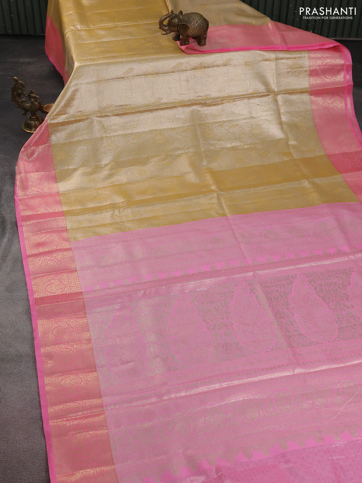 Bangalori tissue silk saree mustard yelllow and light pink with silver zari woven brocade weaves and zari woven border - Image 2