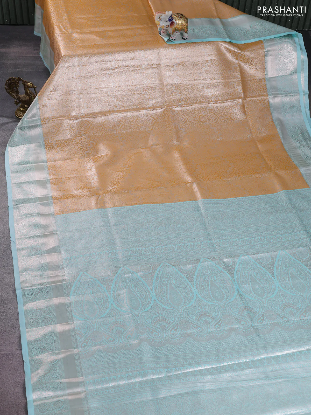 Bangalori tissue silk saree mustard yellow and teal blue with silver zari woven brocade weaves and zari woven border - Image 2