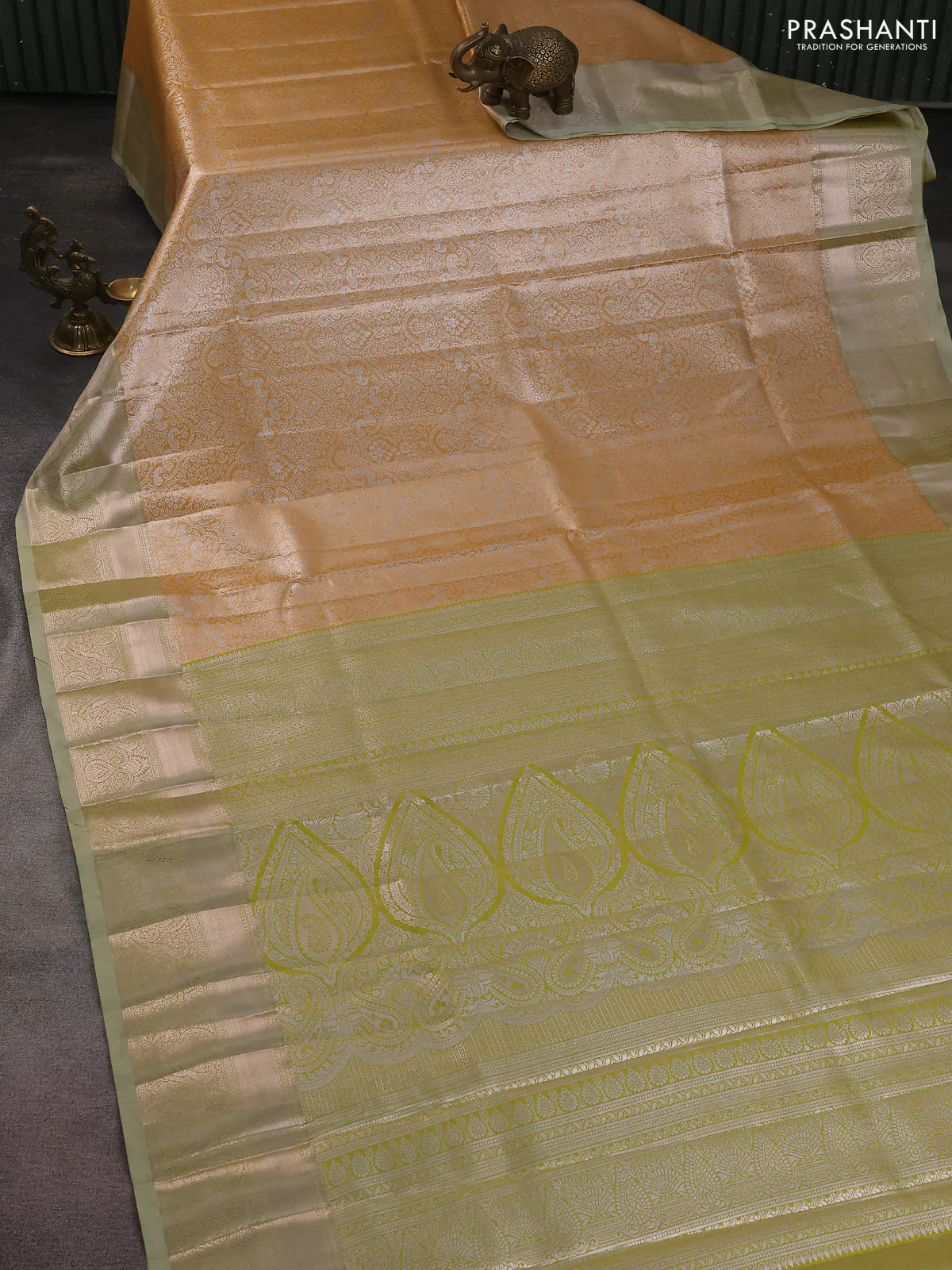 Bangalori tissue silk saree pale orange and mild pista green with silver zari woven brocade weaves and zari woven border - Image 2