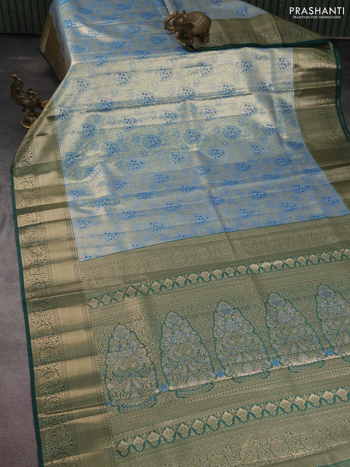 Bangalori tissue silk saree pastel blue and green with zari woven brocade weaves and zari woven border - Image 2
