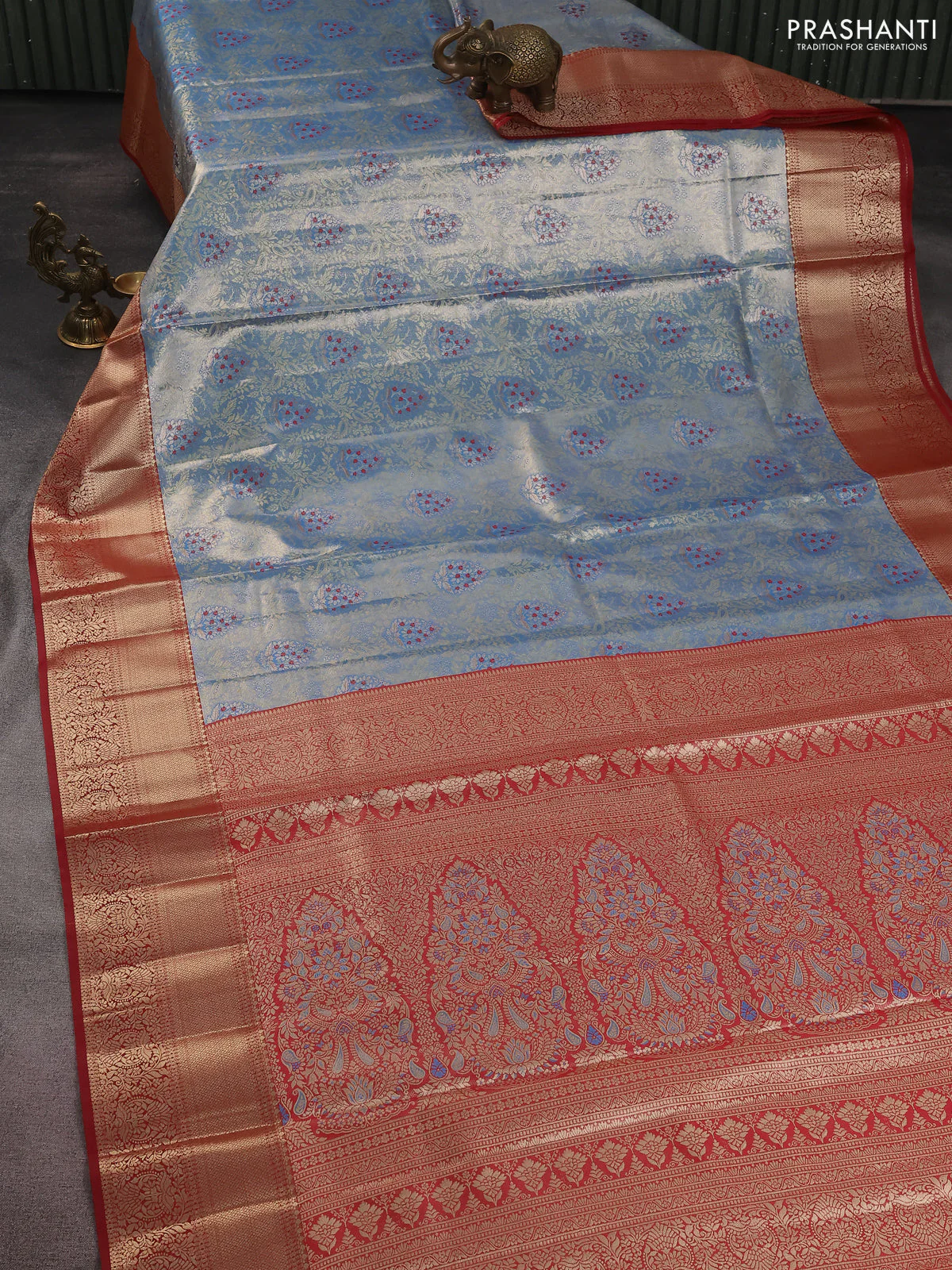 Bangalori tissue silk saree pastel blue and maroon with zari woven brocade weaves and zari woven border - Image 2
